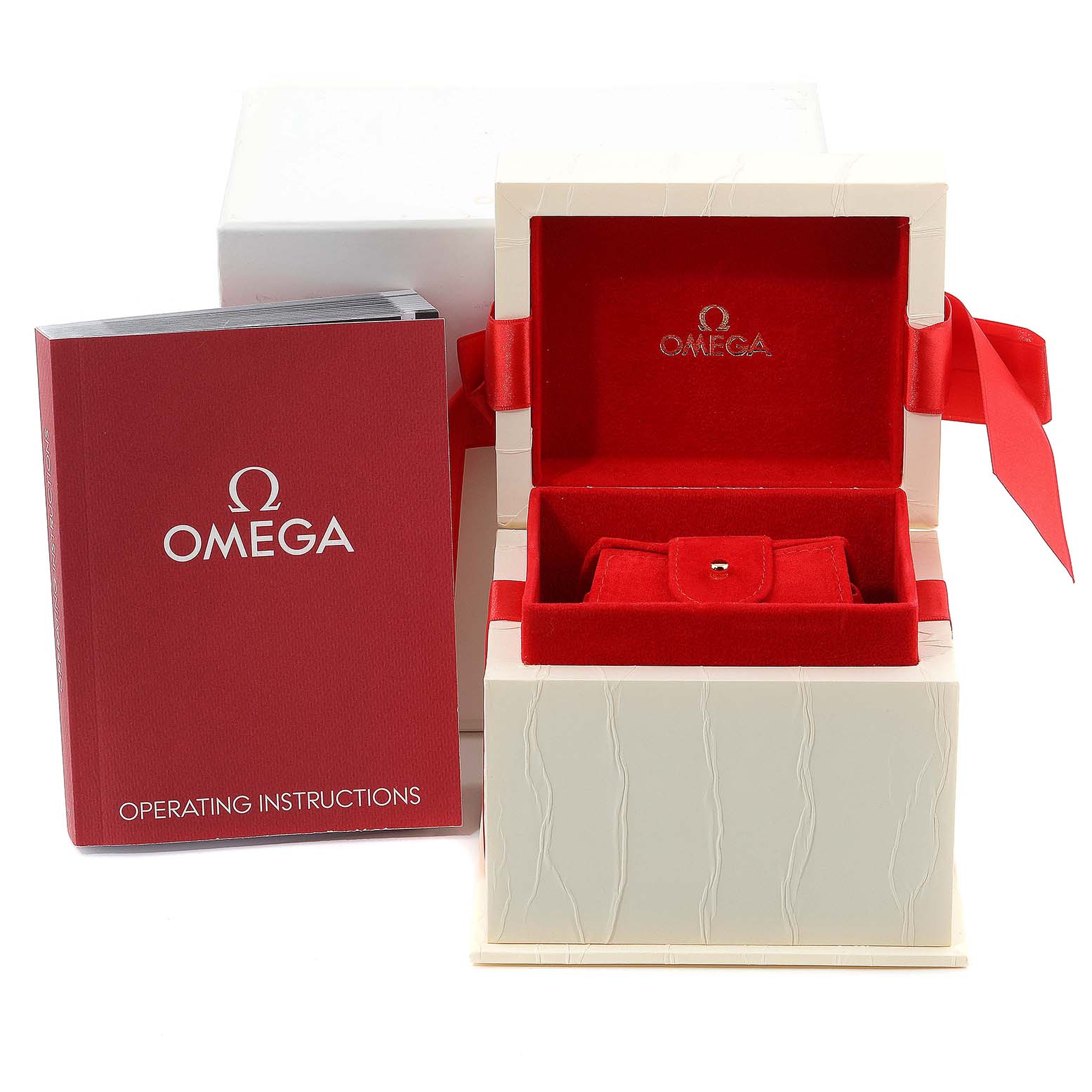 The image shows the packaging and operating instructions for the Omega 424.20.33.20.52.003 Women's Rose Gold Silver Dial 424.20.33.20.52.003 Women's Rose Gold Silver Dial DeVille Prestige Steel Rose Gold Diamond Watch 424.20.33.20.52.003.