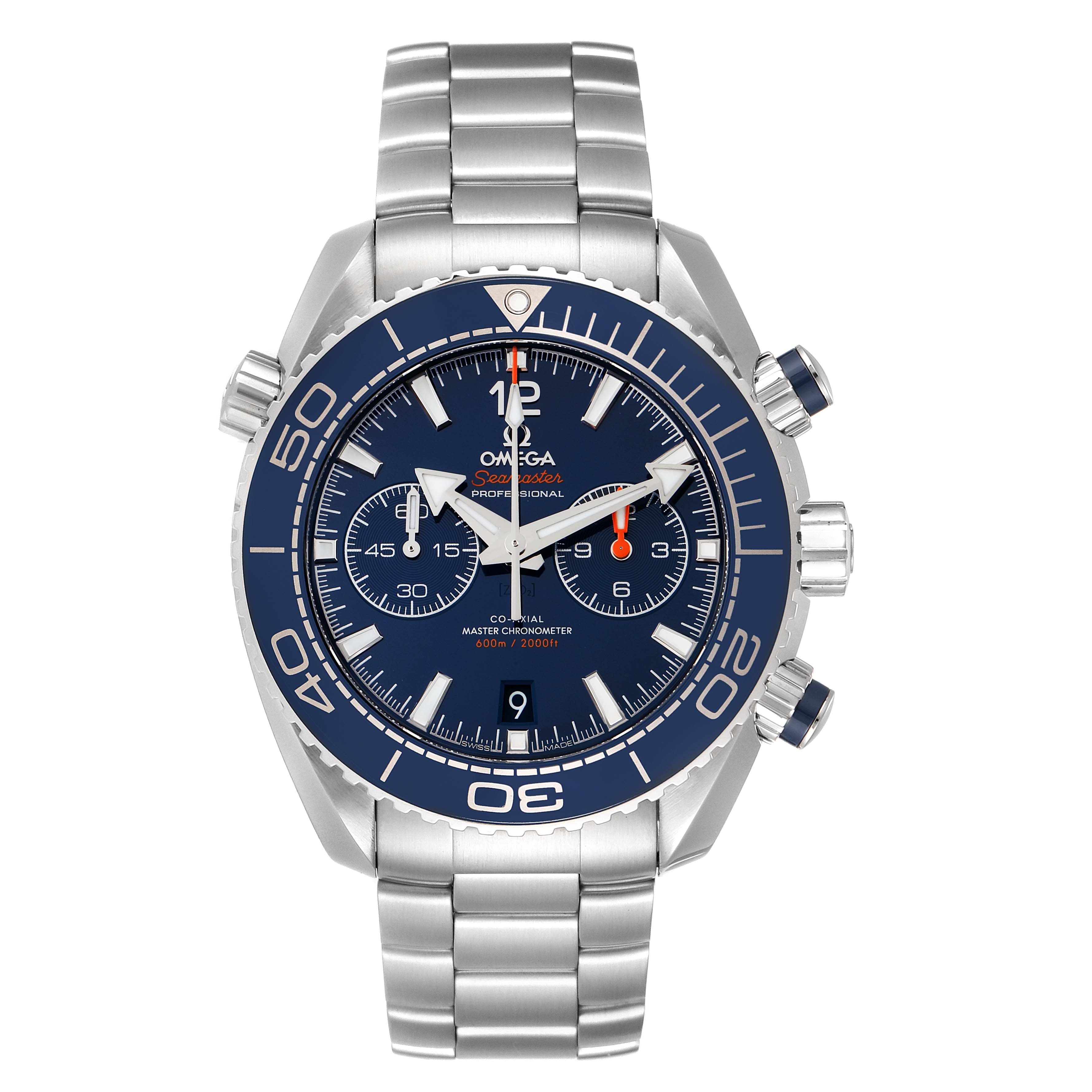 This image shows a front view of the Omega Planet Ocean 215.30.46.51.03.001 Men
s Stainless Steel Blue Dial 215.30.46.51.03.001 Men
s Stainless Steel Blue Dial watch, highlighting the dial, bezel, crown, and bracelet.
