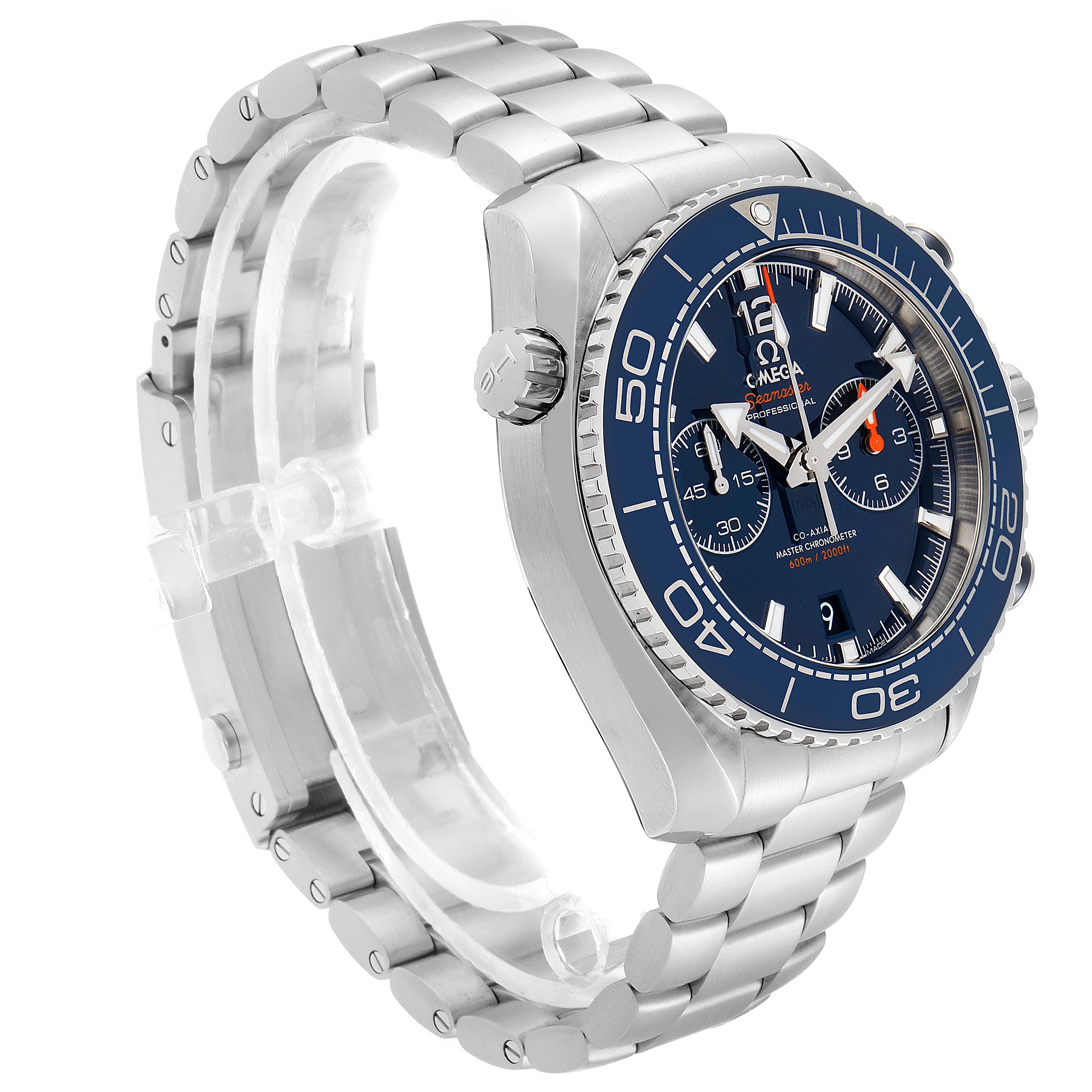 The image shows an angled view of the Omega Planet Ocean 215.30.46.51.03.001 Men
s Stainless Steel Blue Dial 215.30.46.51.03.001 Men
s Stainless Steel Blue Dial watch displaying the dial, bezel, crown, and metallic bracelet.