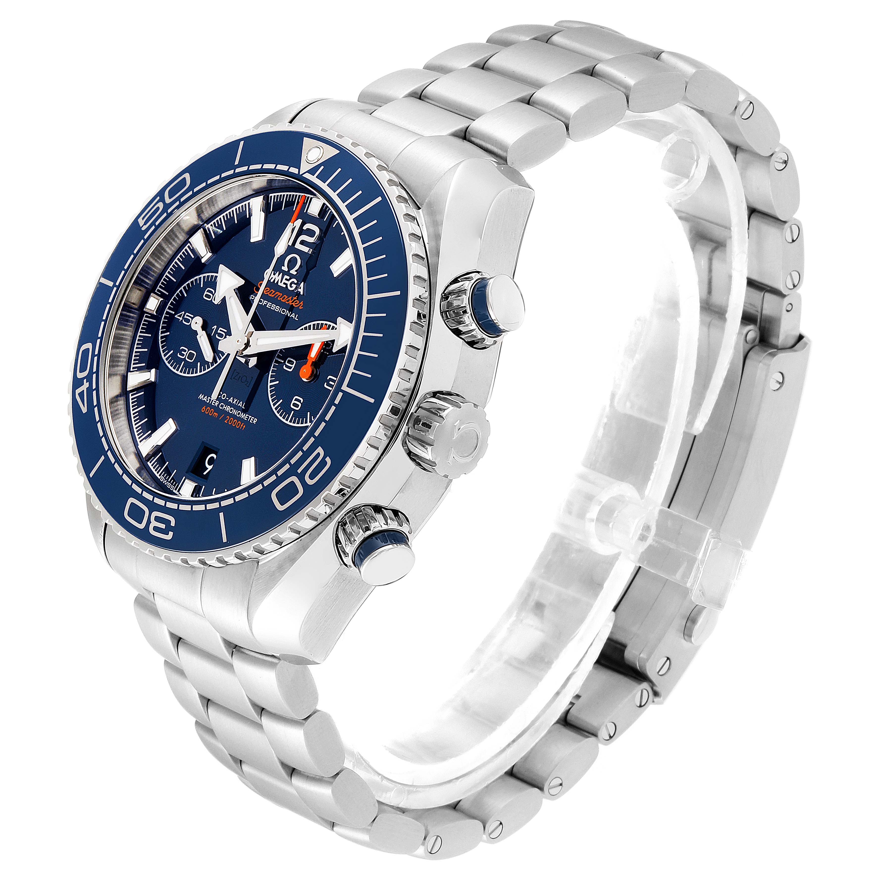 The image shows a side-angle view of an Omega Planet Ocean 215.30.46.51.03.001 Men
s Stainless Steel Blue Dial 215.30.46.51.03.001 Men
s Stainless Steel Blue Dial watch, highlighting the face, bezel, crown, and metal bracelet.