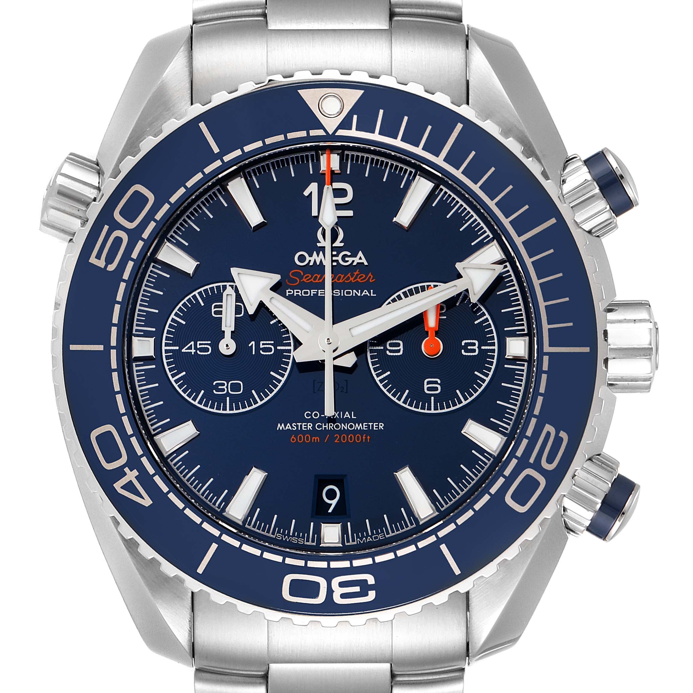 The Omega Planet Ocean 215.30.46.51.03.001 Men
s Stainless Steel Blue Dial 215.30.46.51.03.001 Men
s Stainless Steel Blue Dial watch is shown from a front angle, displaying the entire face, bezel, and parts of the bracelet.