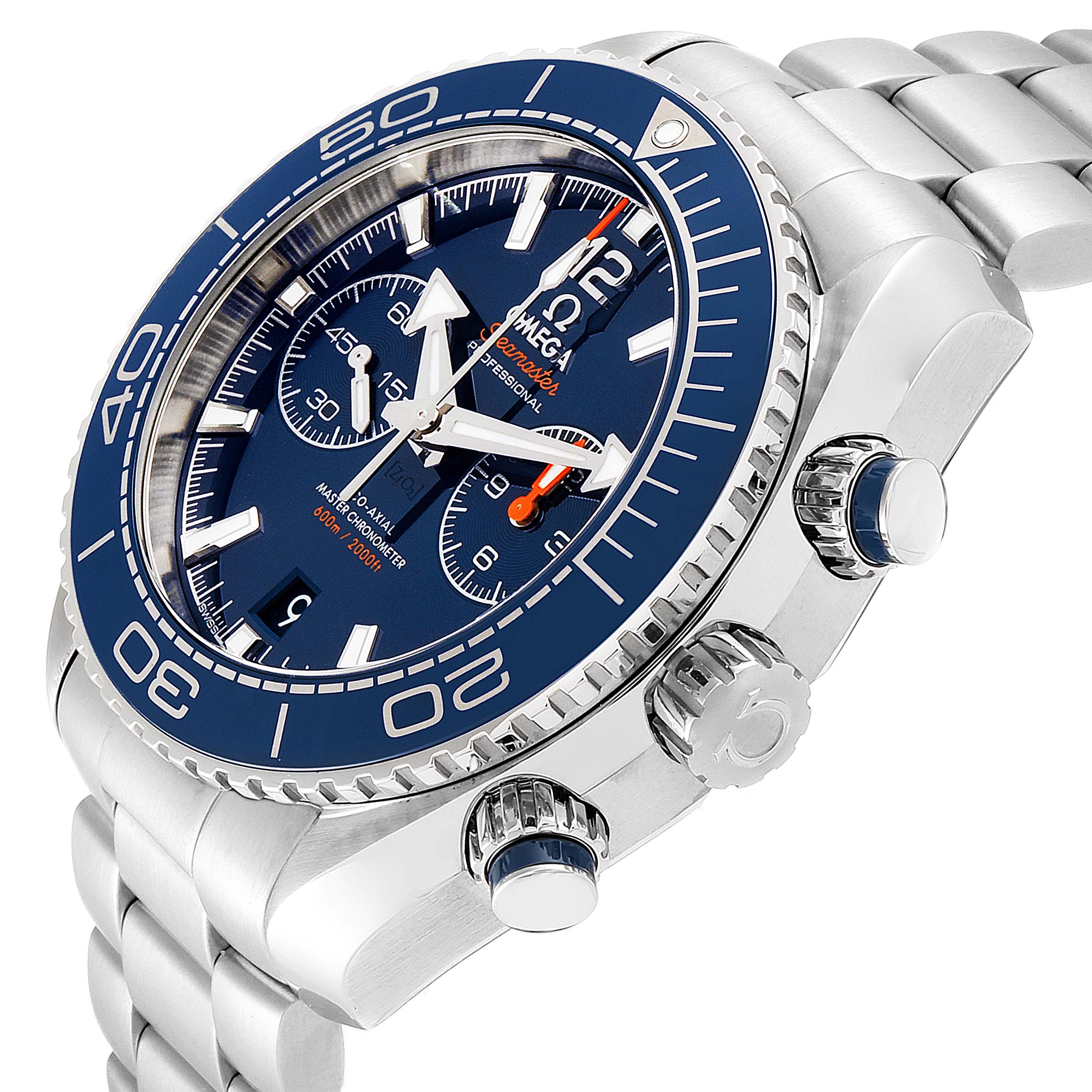 The image shows an Omega Planet Ocean 215.30.46.51.03.001 Men
s Stainless Steel Blue Dial 215.30.46.51.03.001 Men
s Stainless Steel Blue Dial watch at a three-quarter angle, highlighting the bezel, crown, pushers, and bracelet.