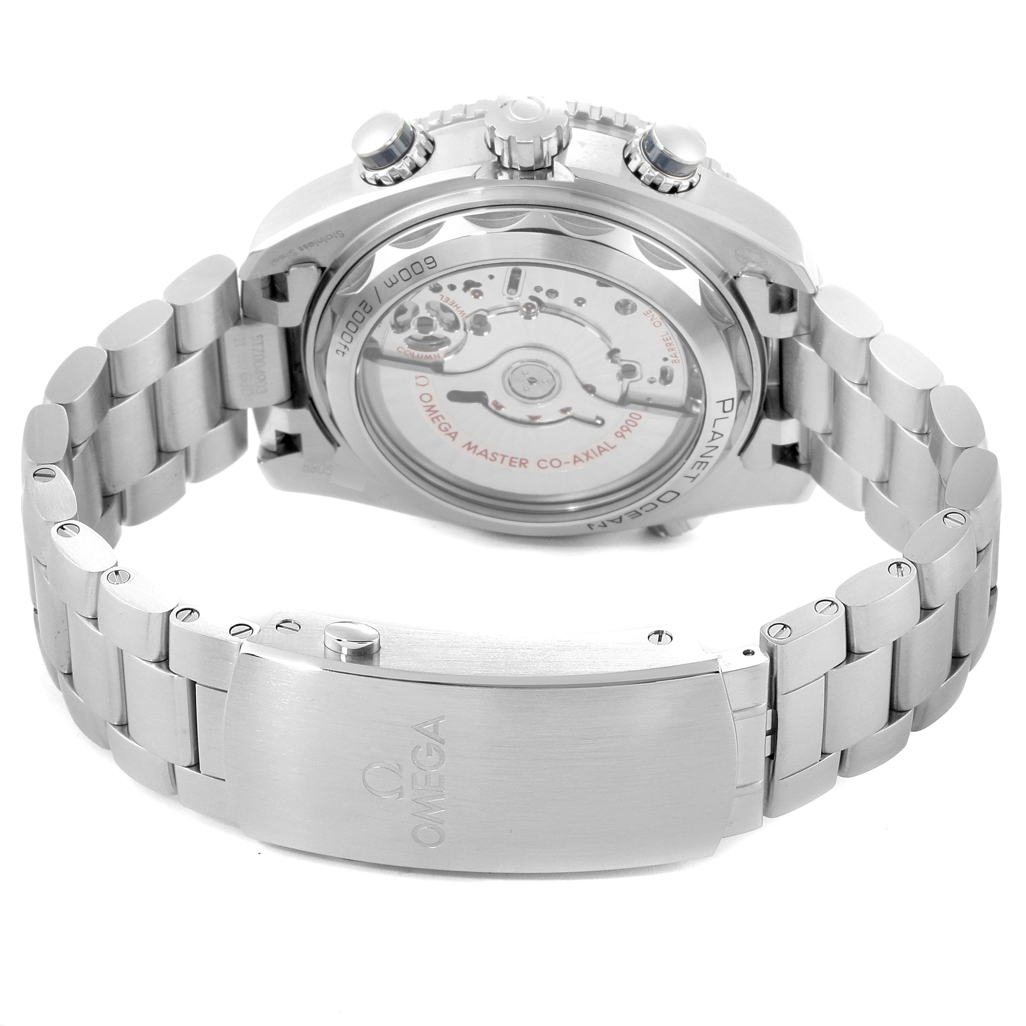 This image shows the back view of the Omega Planet Ocean 215.30.46.51.03.001 Men
s Stainless Steel Blue Dial 215.30.46.51.03.001 Men
s Stainless Steel Blue Dial watch, highlighting the case back, movement, and bracelet clasp.