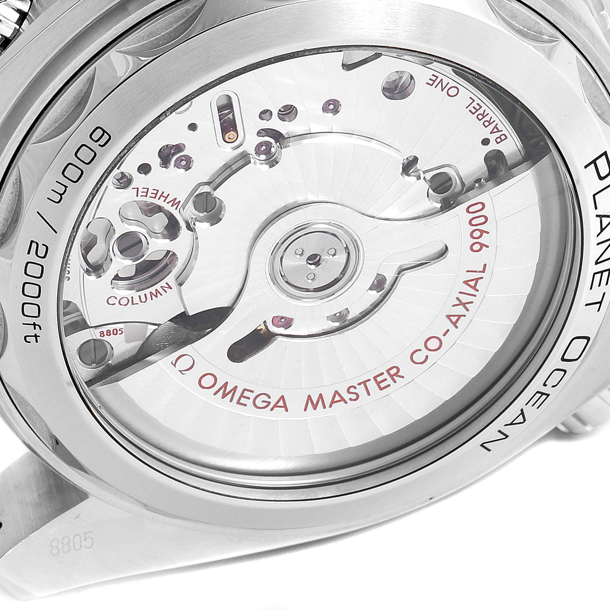 The image shows the back of an Omega Planet Ocean 215.30.46.51.03.001 Men
s Stainless Steel Blue Dial 215.30.46.51.03.001 Men
s Stainless Steel Blue Dial watch, highlighting its detailed movement and specifications.