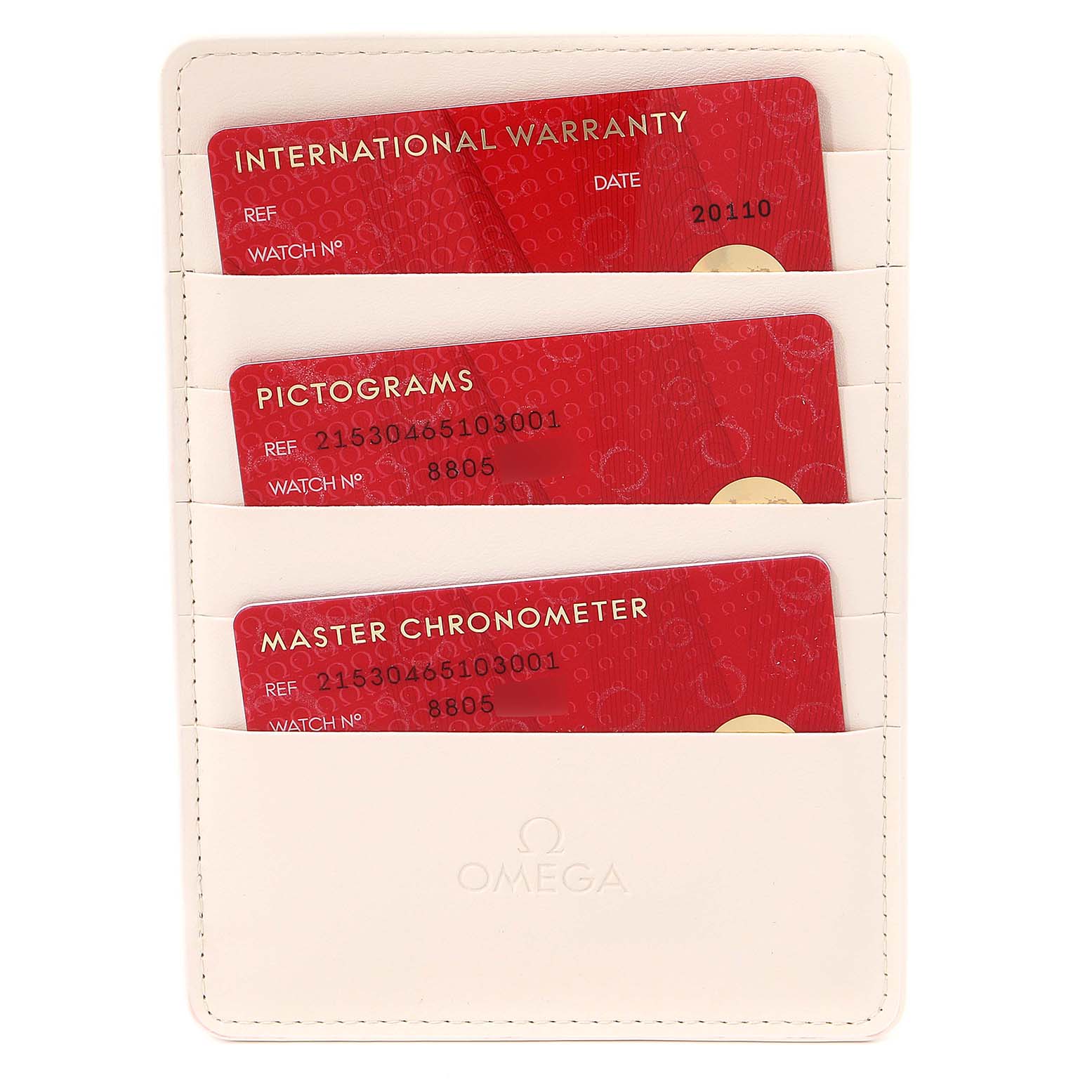This image shows Omega warranty, pictogram, and Master Chronometer cards in a white Omega cardholder for the Planet Ocean model.