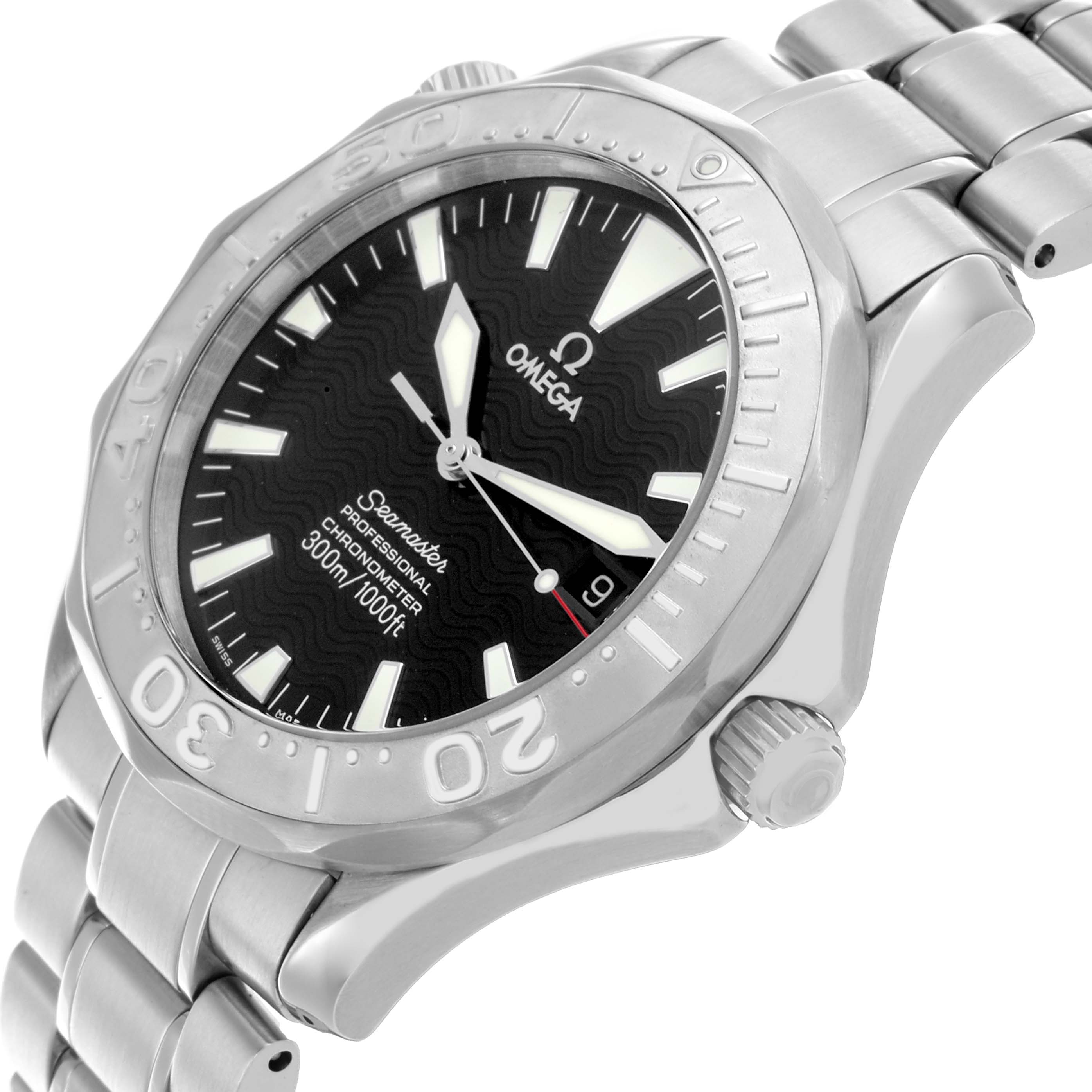 The Omega Seamaster 2230.50.00 Men
s Stainless Steel Black Dial 2230.50.00 Men
s Stainless Steel Black Dial watch is shown at a slight angle, highlighting its face, bezel, crown, and part of the bracelet.