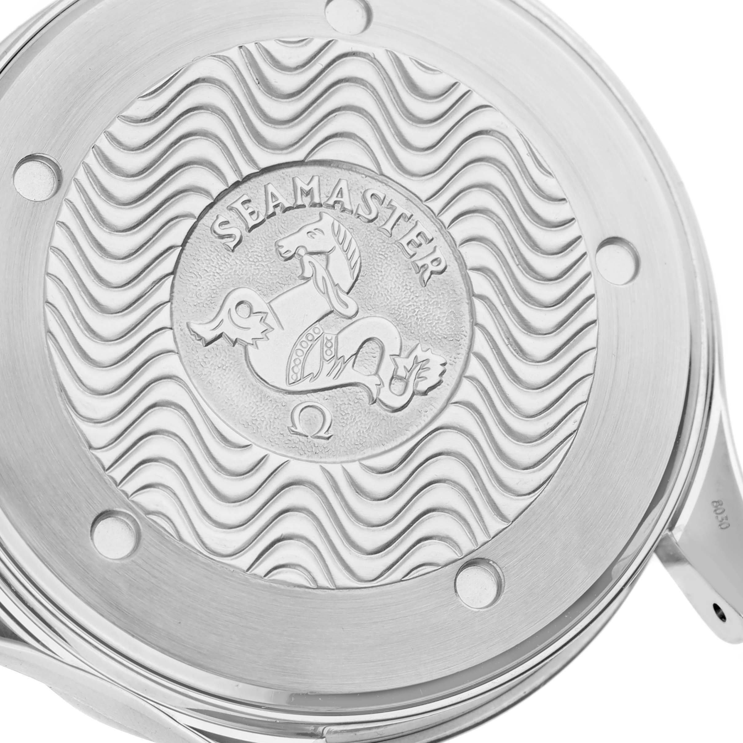 The image shows the back case of the Omega Seamaster 2230.50.00 Men
s Stainless Steel Black Dial 2230.50.00 Men
s Stainless Steel Black Dial watch, highlighting its embossed design and branding.