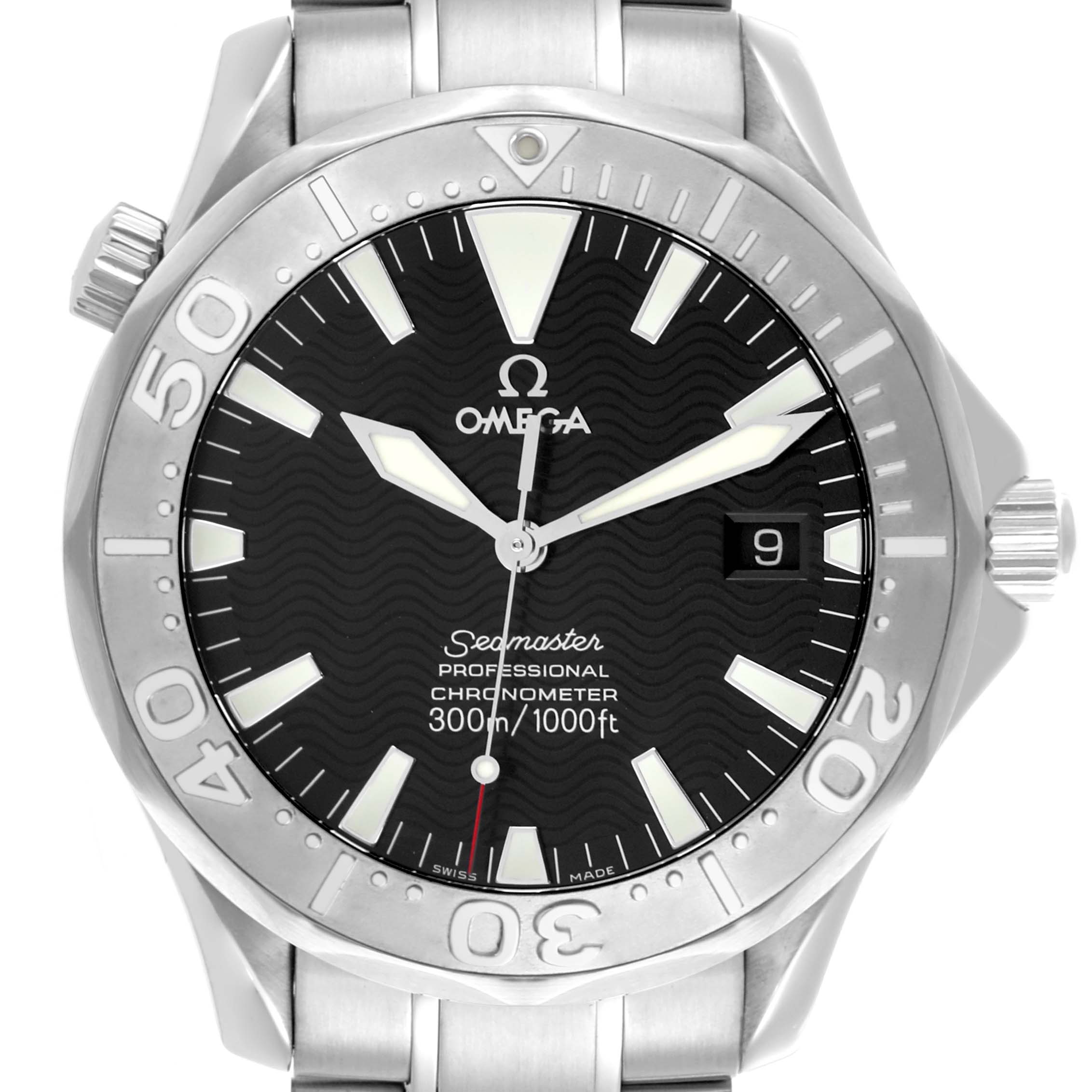 The Omega Seamaster 2230.50.00 Men
s Stainless Steel Black Dial 2230.50.00 Men
s Stainless Steel Black Dial watch is shown from the front, highlighting the dial, bezel, and part of the bracelet.