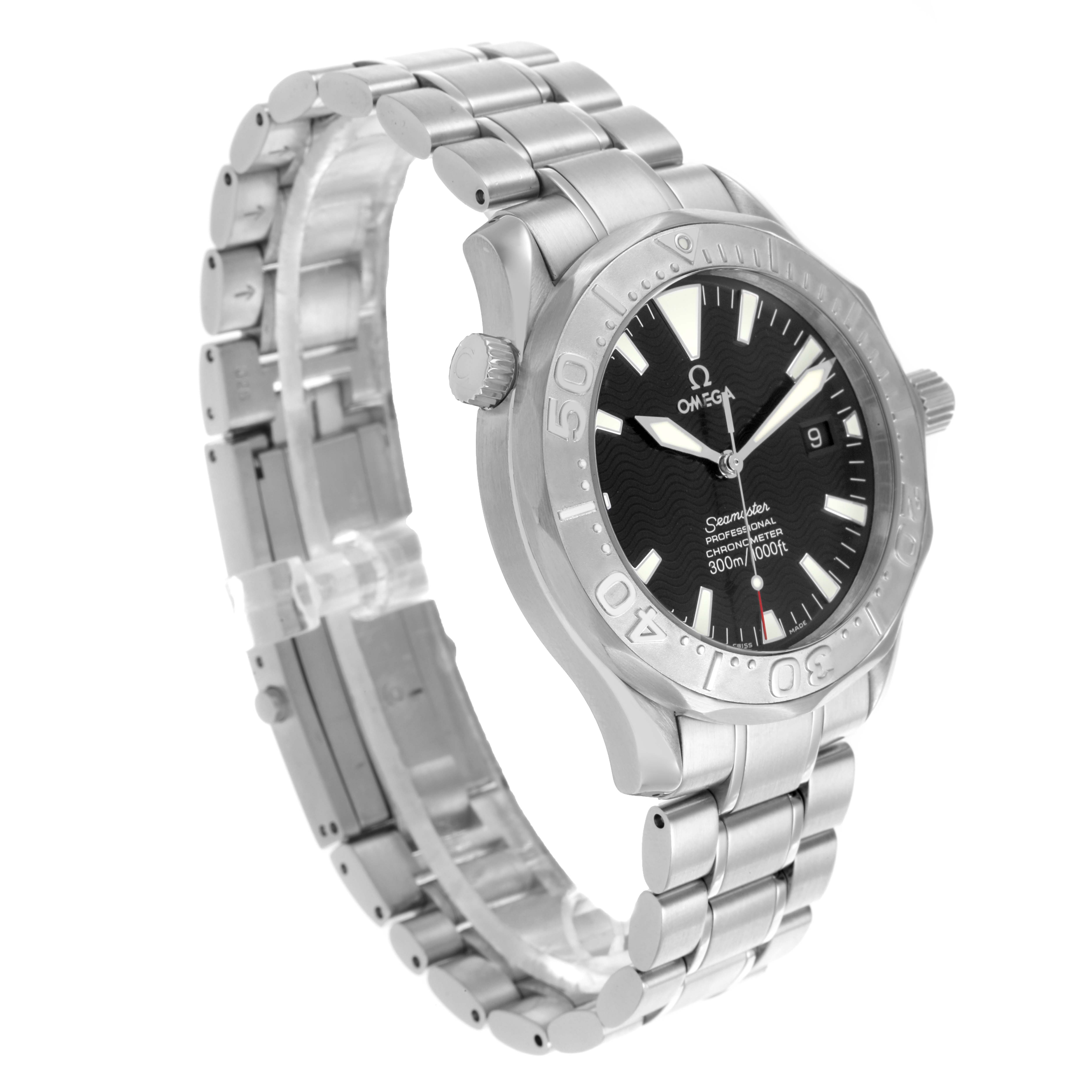 The Omega Seamaster 2230.50.00 Men
s Stainless Steel Black Dial 2230.50.00 Men
s Stainless Steel Black Dial watch is shown at a three-quarter angle, highlighting the face, bezel, and stainless steel bracelet.