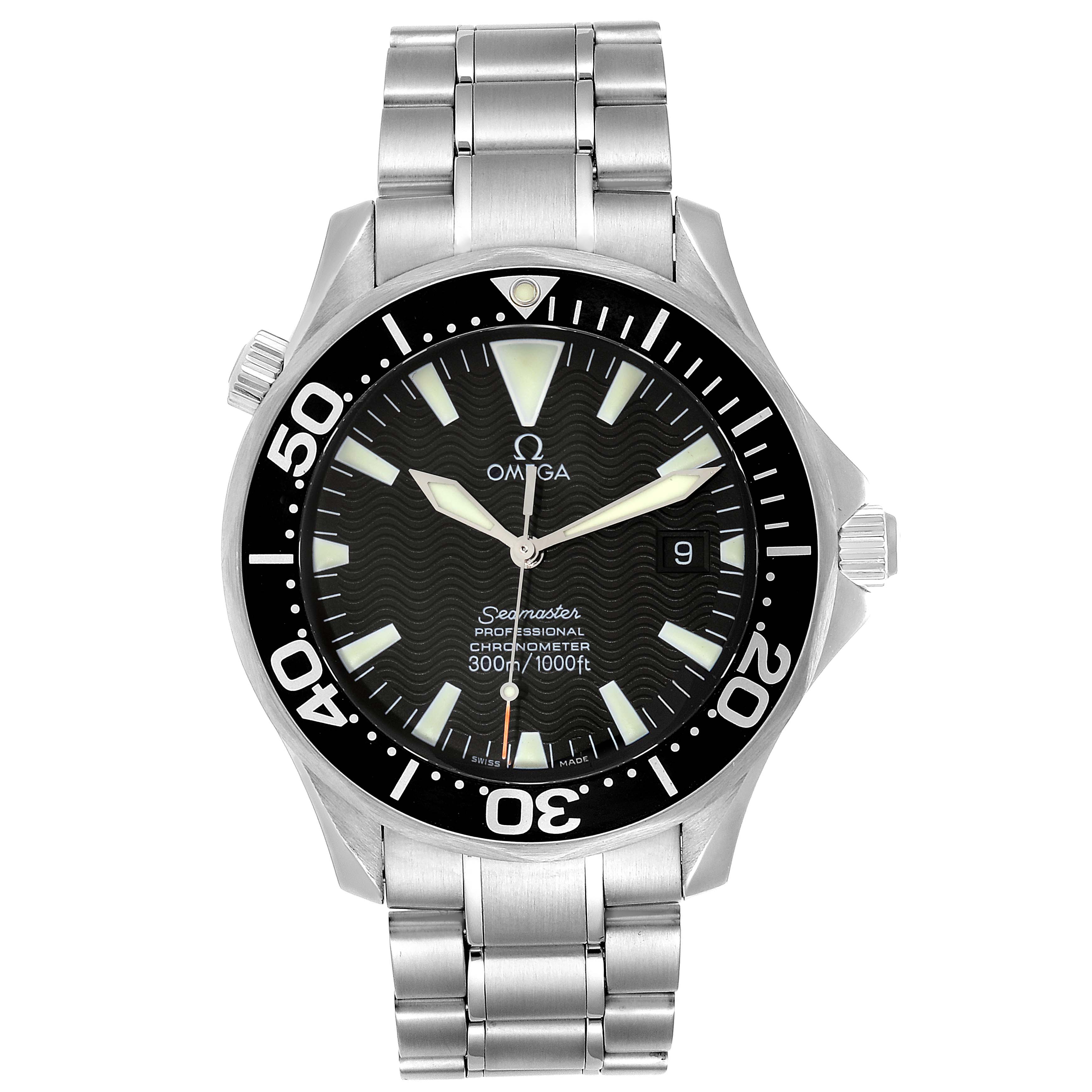 The Omega Seamaster 2254.50.00 Men
s Stainless Steel Black Dial 2254.50.00 Men
s Stainless Steel Black Dial watch is shown from the front, displaying its face, bezel, crown, and metal bracelet.