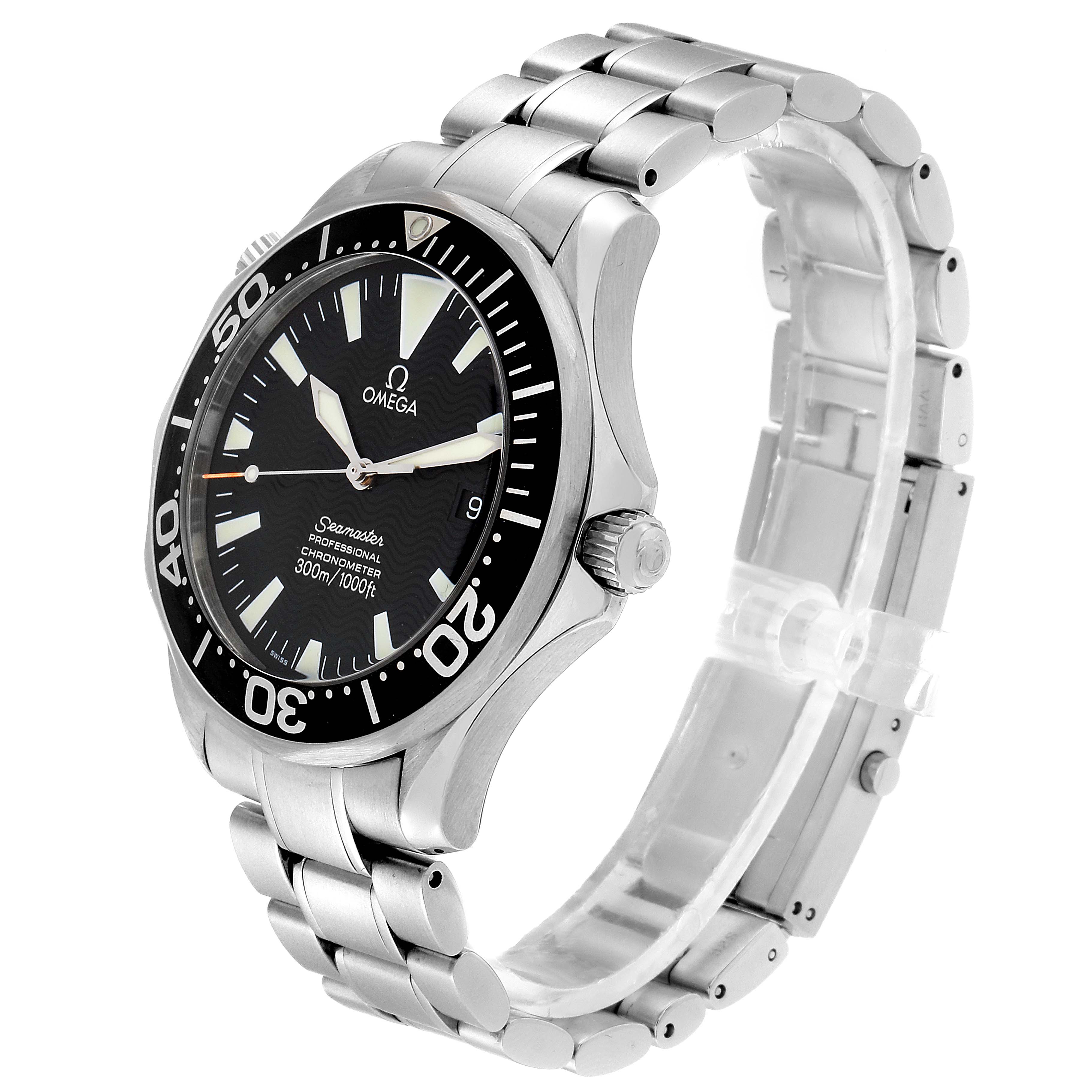 The image shows the Omega Seamaster 2254.50.00 Men
s Stainless Steel Black Dial 2254.50.00 Men
s Stainless Steel Black Dial watch at a slight angle, showcasing the face, bezel, crown, and metal bracelet.