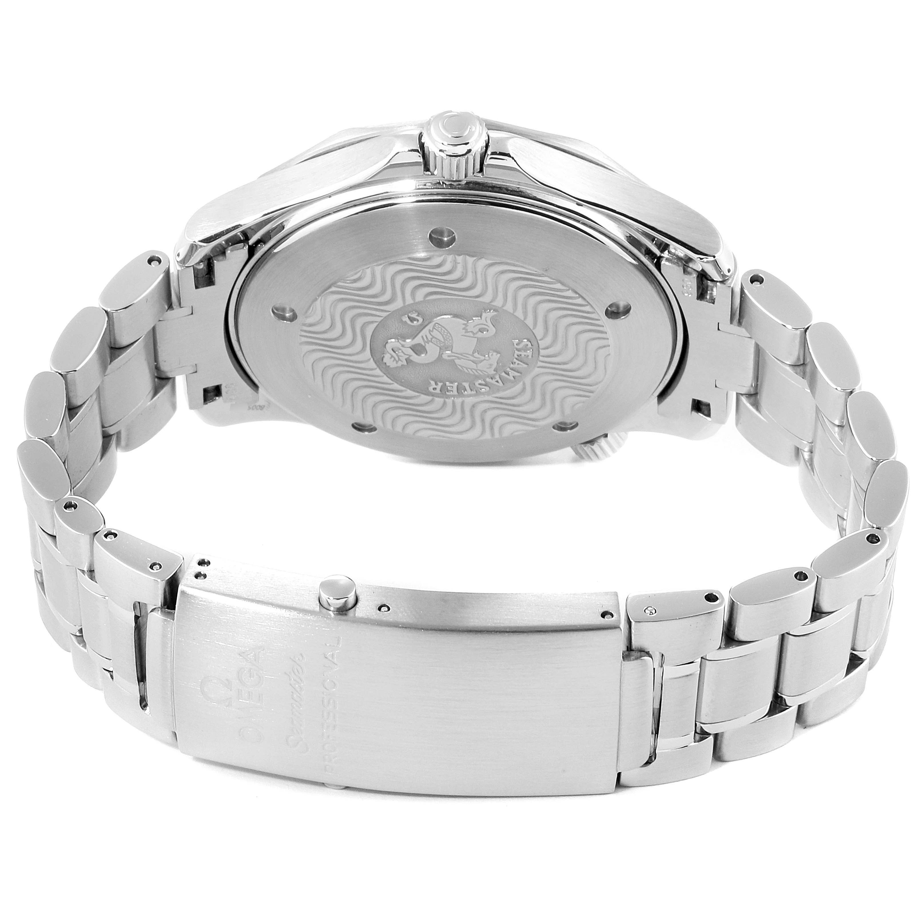 The image shows the back case and bracelet of an Omega Seamaster 2254.50.00 Men
s Stainless Steel Black Dial 2254.50.00 Men
s Stainless Steel Black Dial watch at an angle revealing the clasp and crown.