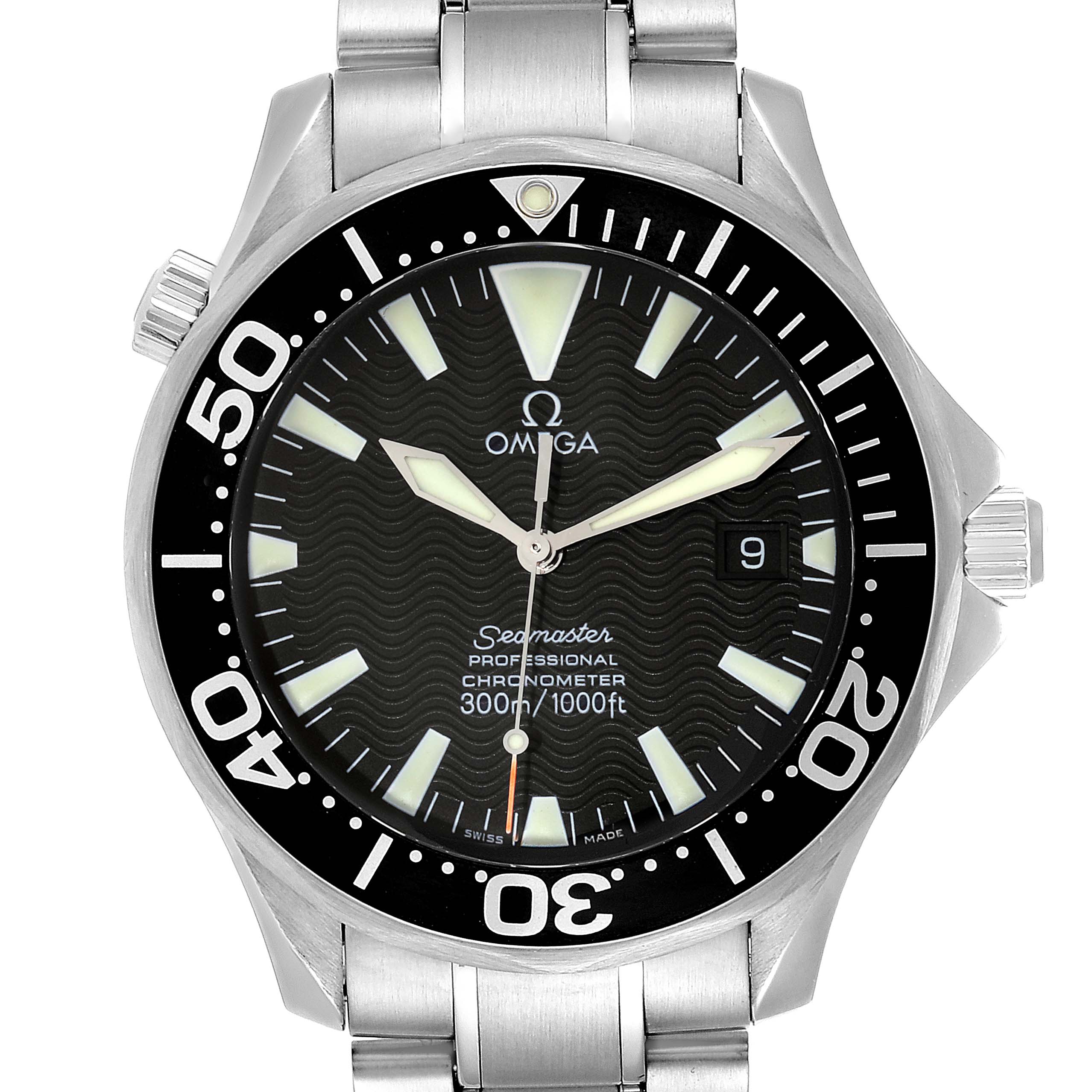 The image shows a head-on view of the Omega Seamaster 2254.50.00 Men
s Stainless Steel Black Dial 2254.50.00 Men
s Stainless Steel Black Dial watch displaying the dial, bezel, hands, and part of the bracelet.