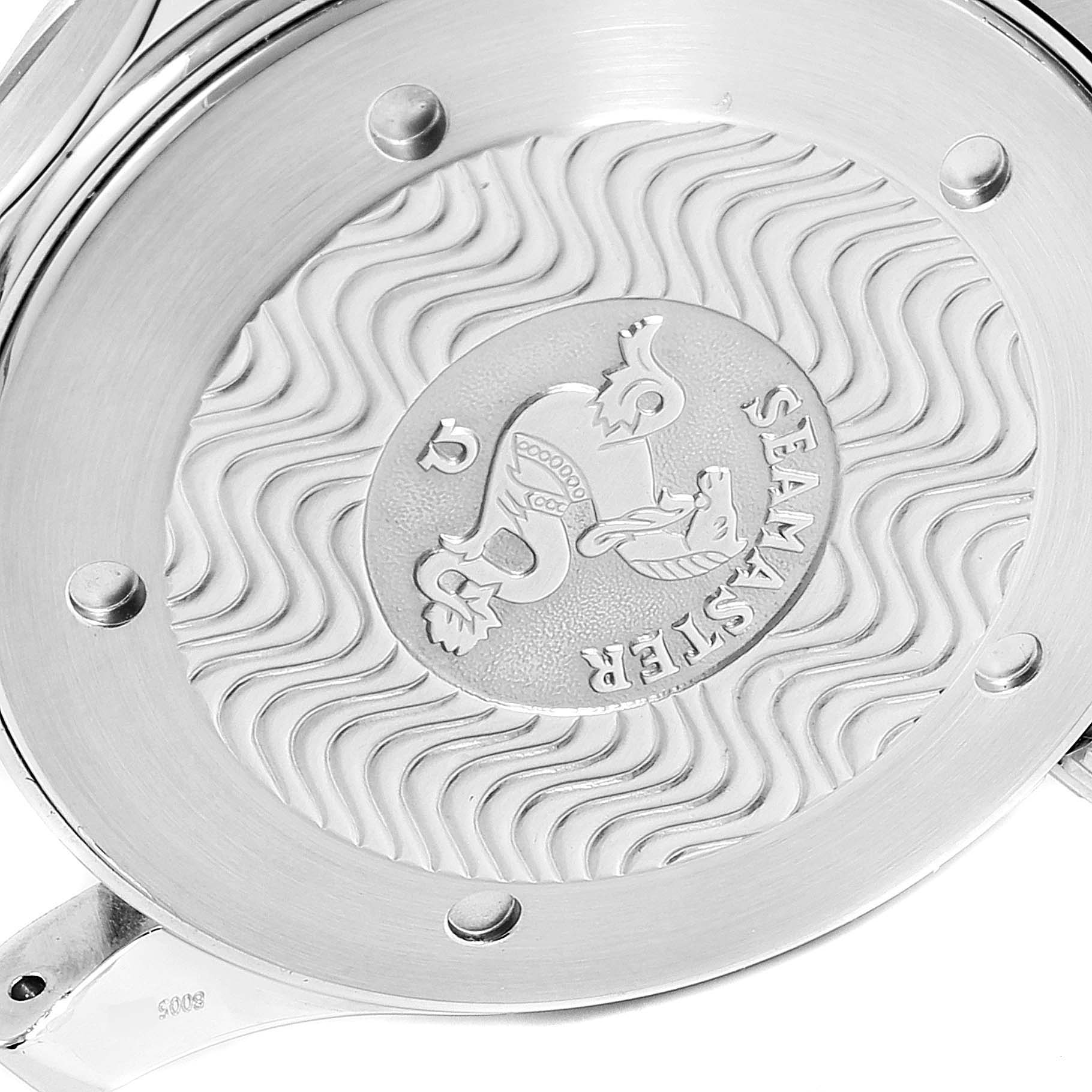 This is a close-up of the case back of the Omega Seamaster 2254.50.00 Men
s Stainless Steel Black Dial 2254.50.00 Men
s Stainless Steel Black Dial watch, showcasing its engraved design and detailing.