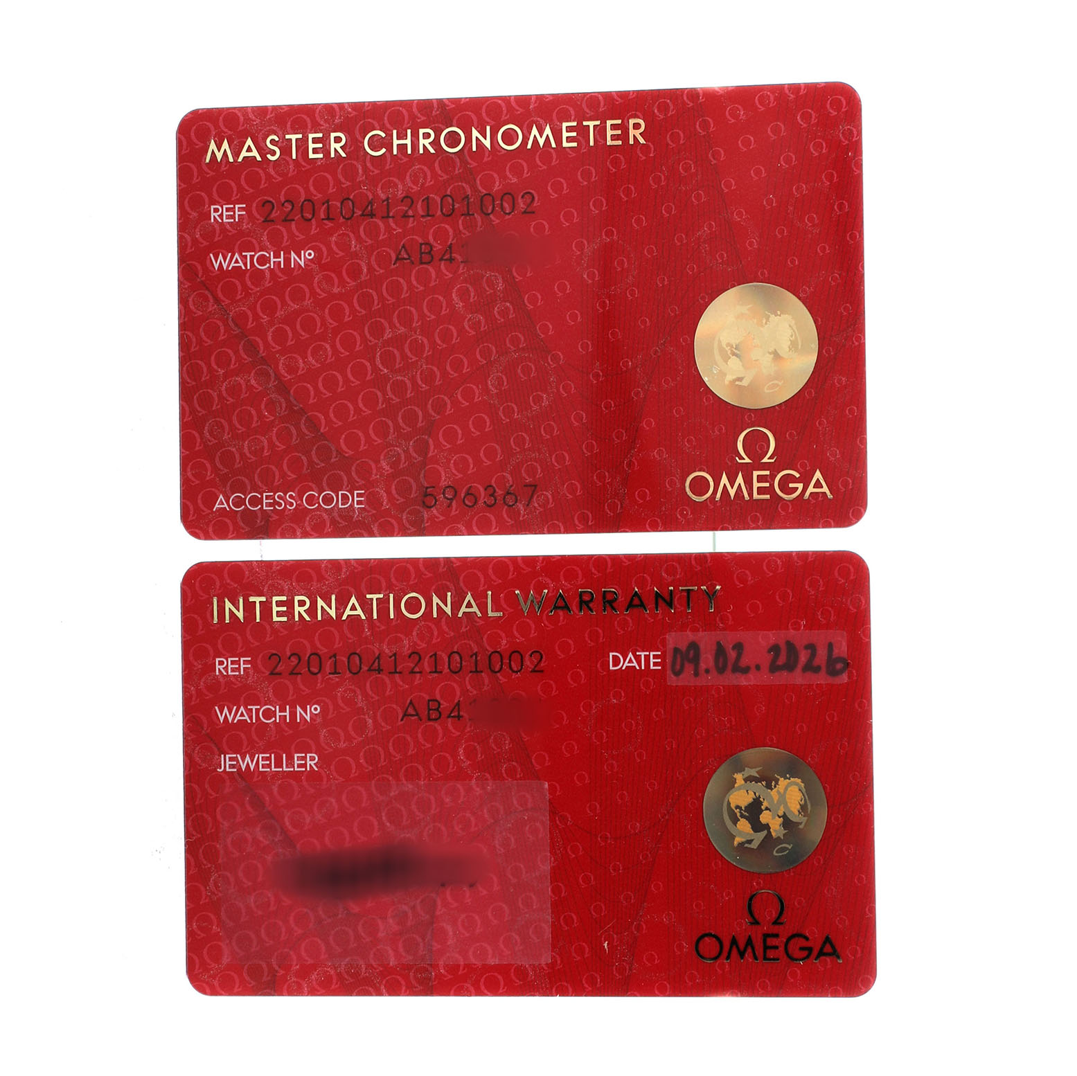 The image shows two warranty cards for the Omega Seamaster 220.10.41.21.01.002 Men's Stainless Steel Black Dial model from a top-down angle.