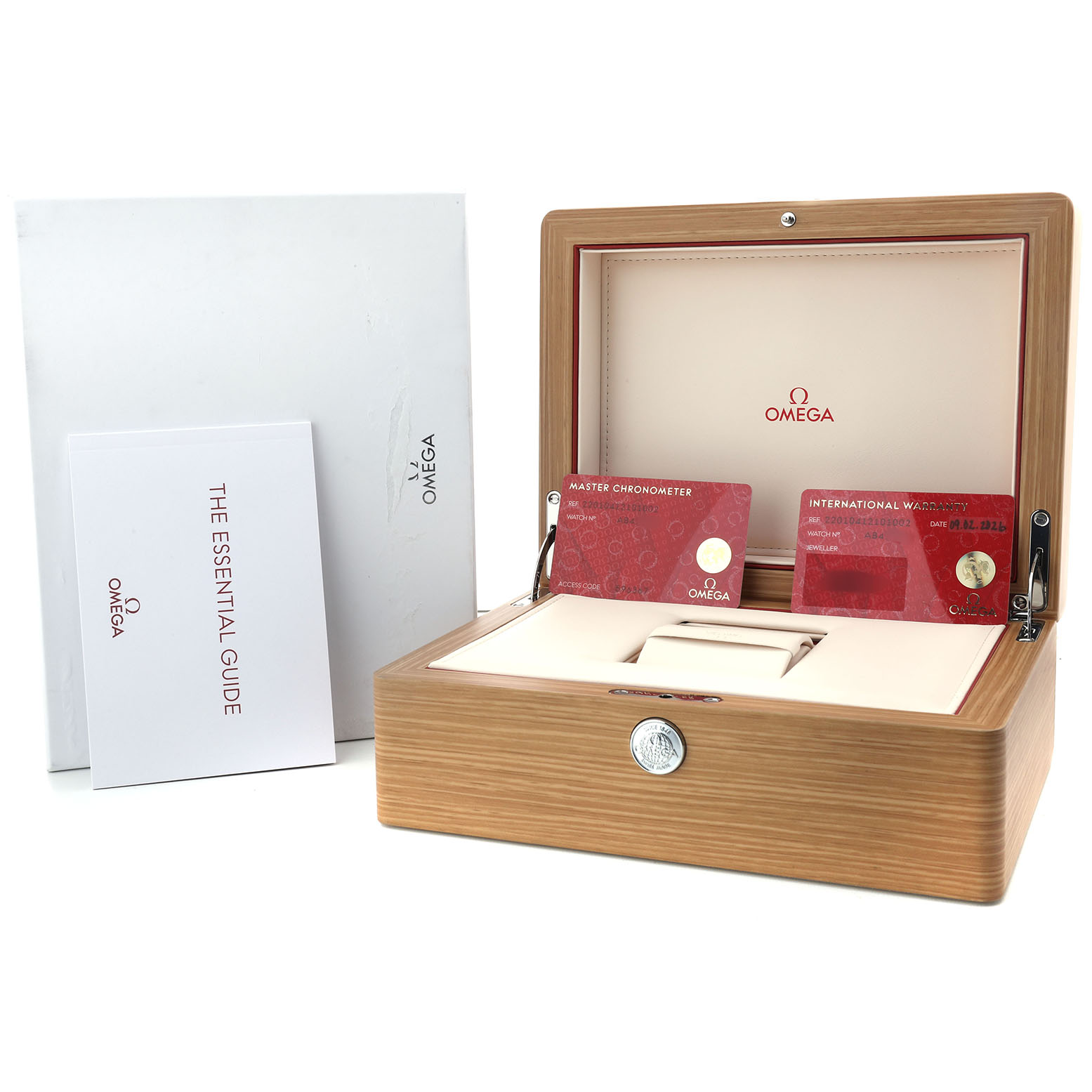 This image shows an Omega Seamaster 220.10.41.21.01.002 Men's Stainless Steel Black Dial watch box from the front angle, including warranty cards and manuals.
