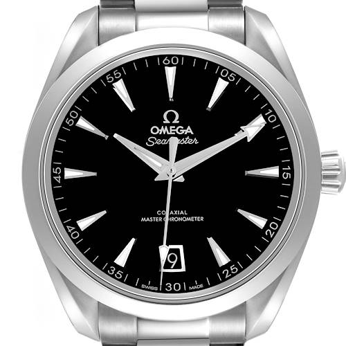 The image shows the front view of an Omega Seamaster 220.10.41.21.01.002 Men's Stainless Steel Black Dial watch, displaying its dial, hands, date window, and crown.