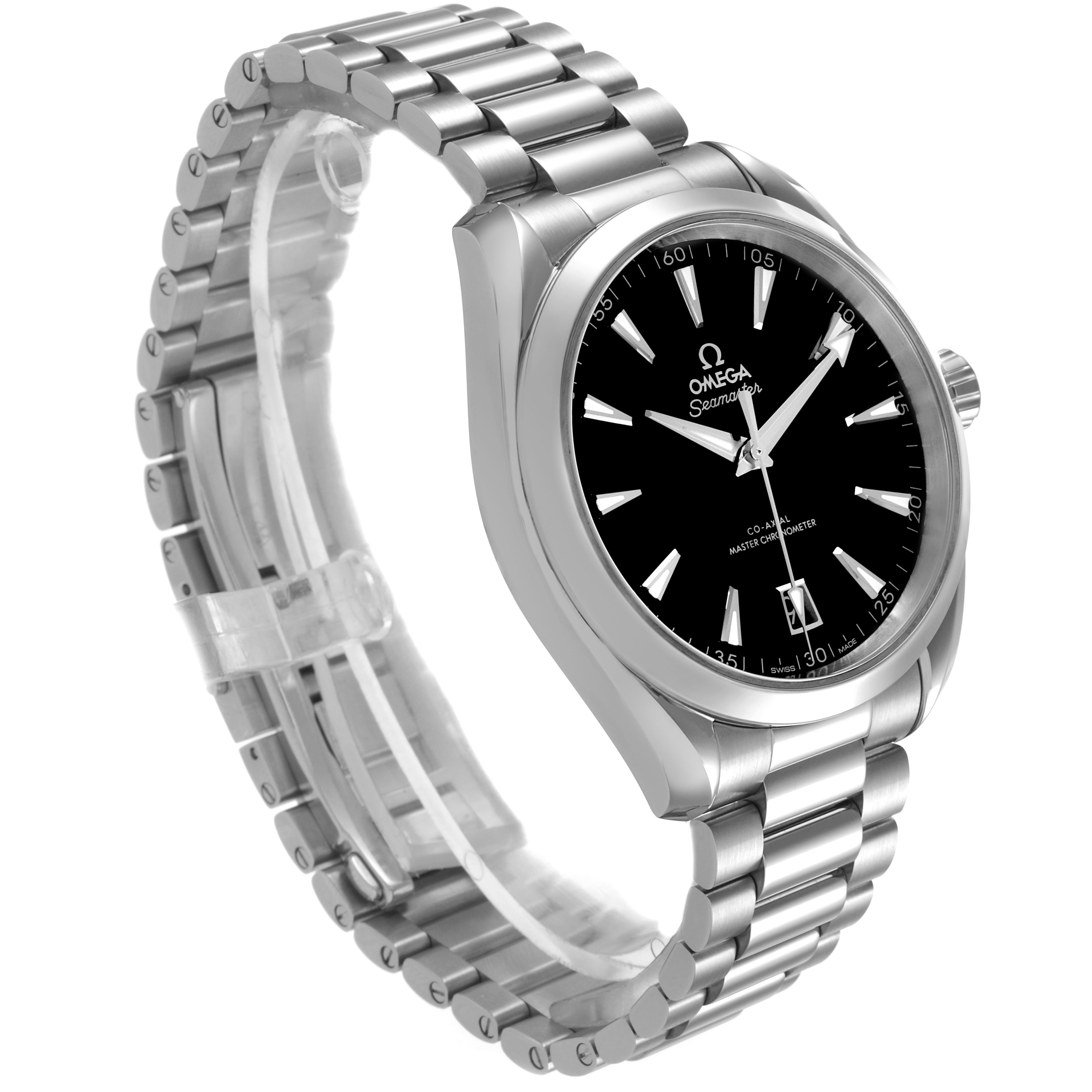 The Omega Seamaster 220.10.41.21.01.002 Men's Stainless Steel Black Dial watch is shown from a front side angle, displaying its black dial, hands, markers, case, and metal bracelet.