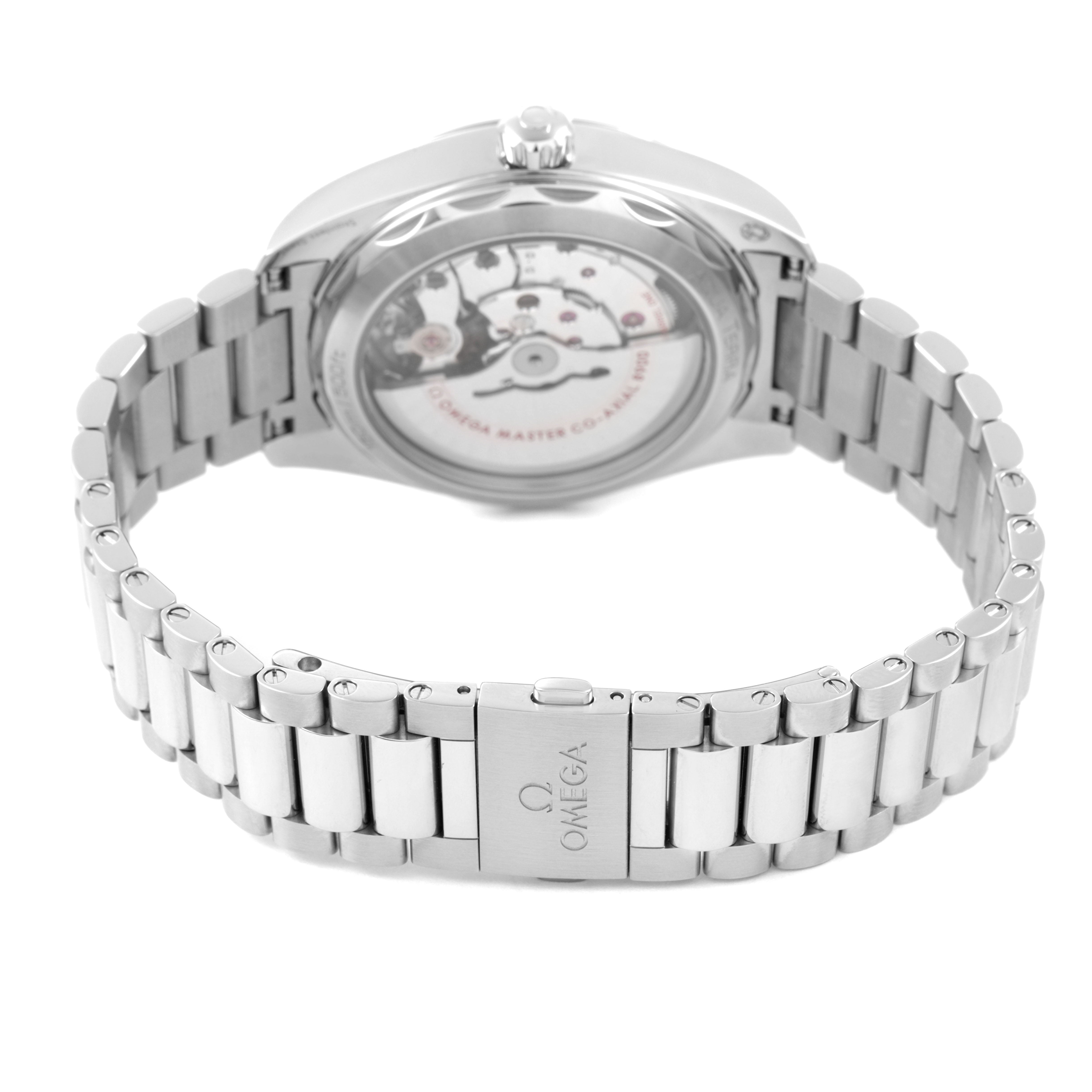 The Omega Seamaster 220.10.41.21.01.002 Men's Stainless Steel Black Dial watch is shown from the back, highlighting the bracelet and the exhibition case back.