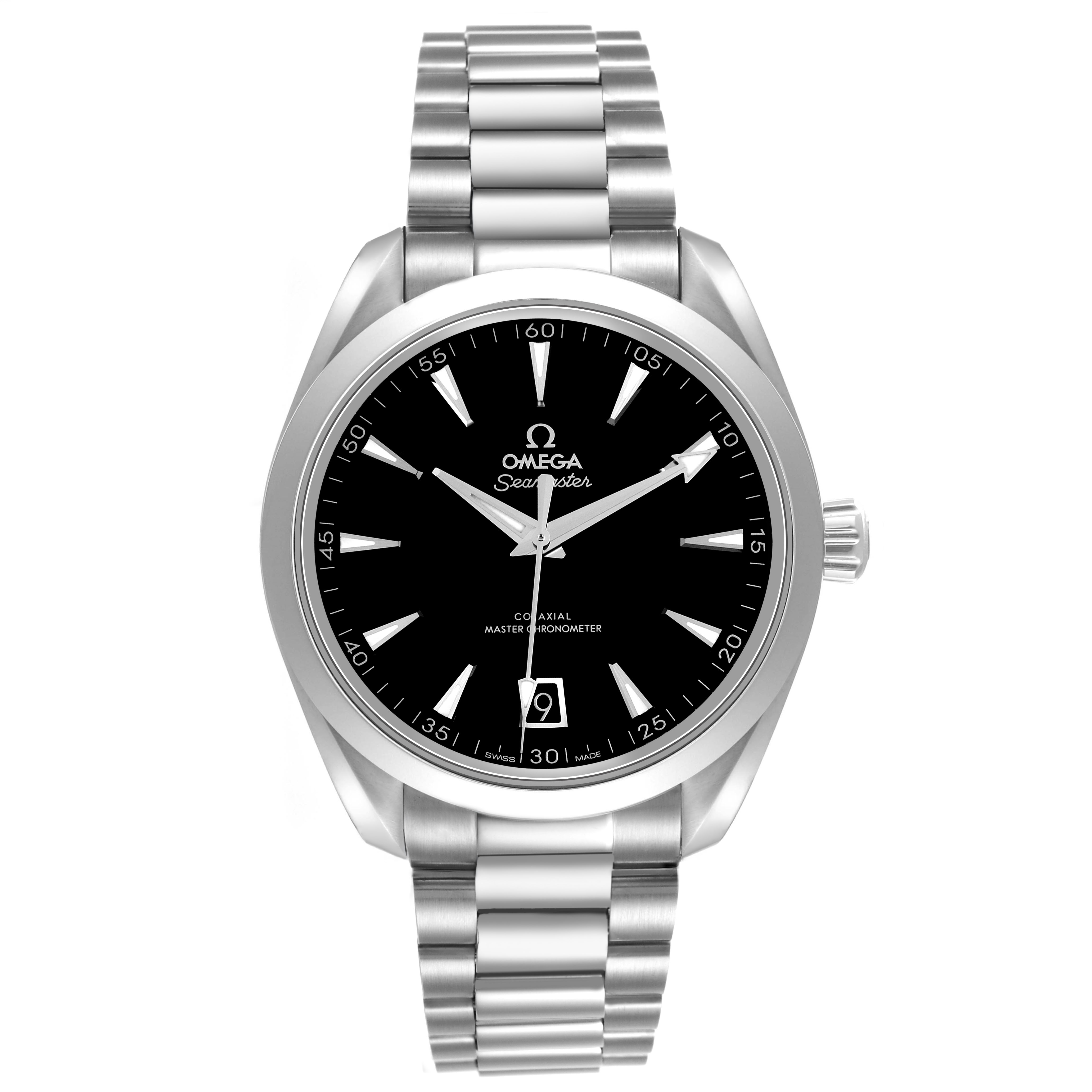 The Omega Seamaster 220.10.41.21.01.002 Men's Stainless Steel Black Dial watch is shown from a front angle, displaying the dial, bezel, bracelet, and crown.