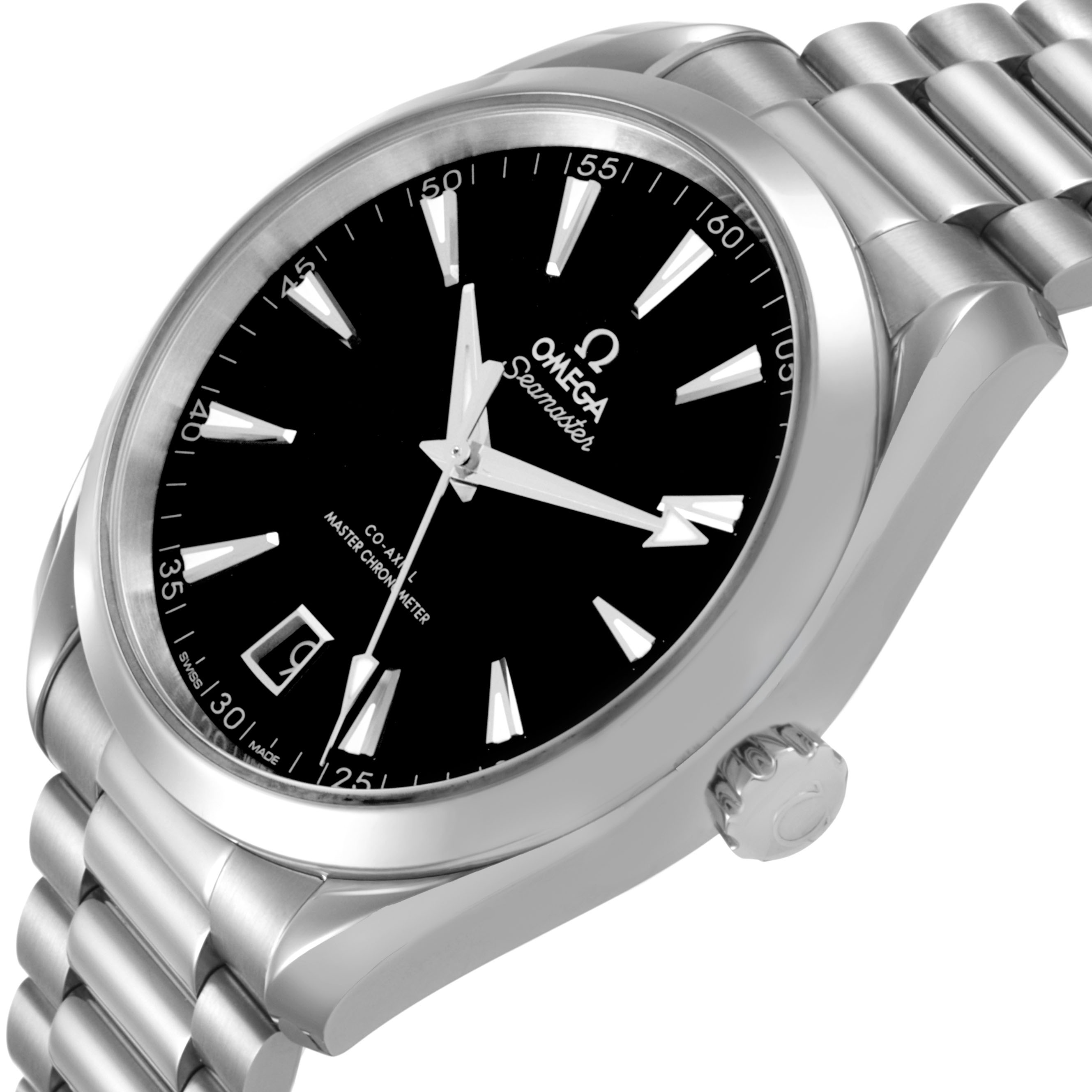 The Omega Seamaster 220.10.41.21.01.002 Men's Stainless Steel Black Dial watch is shown at an angled side view, displaying the watch face, bezel, and bracelet.