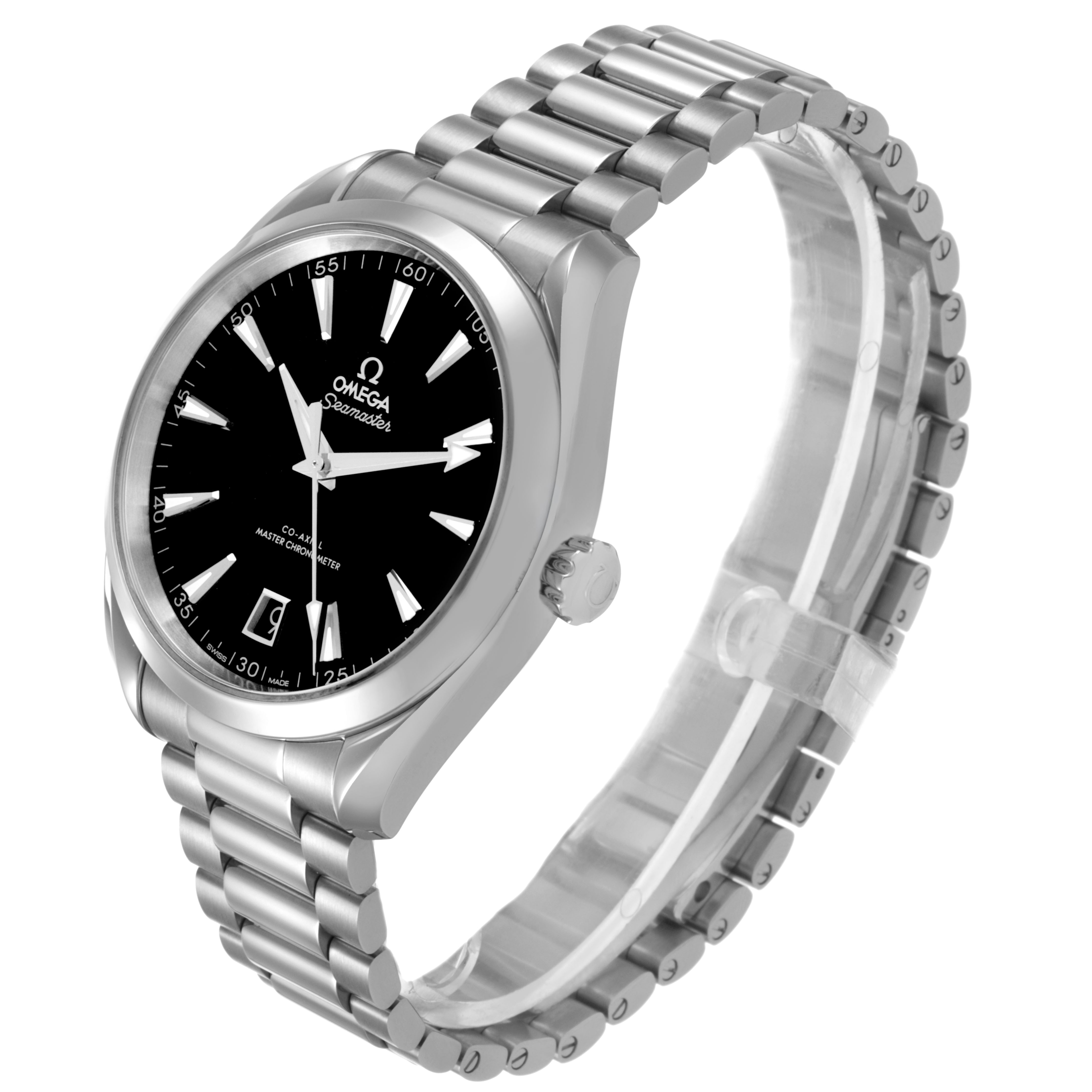 The Omega Seamaster 220.10.41.21.01.002 Men's Stainless Steel Black Dial watch is shown at an angled side view, displaying the black dial, bracelet, and crown.