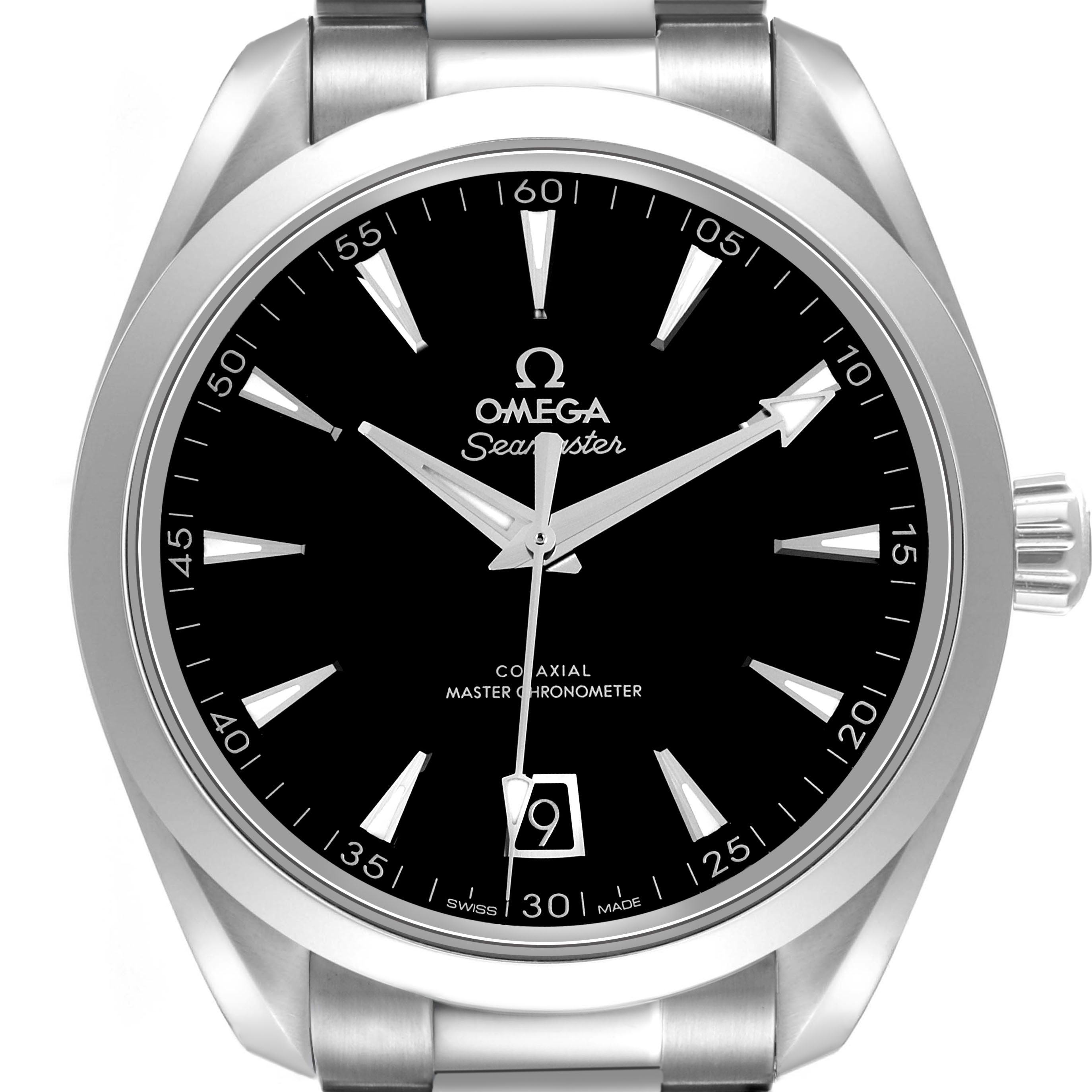 The image shows a front view of the Omega Seamaster 220.10.41.21.01.002 Men's Stainless Steel Black Dial, highlighting its black dial, silver hands, and date window at 6 o'clock.