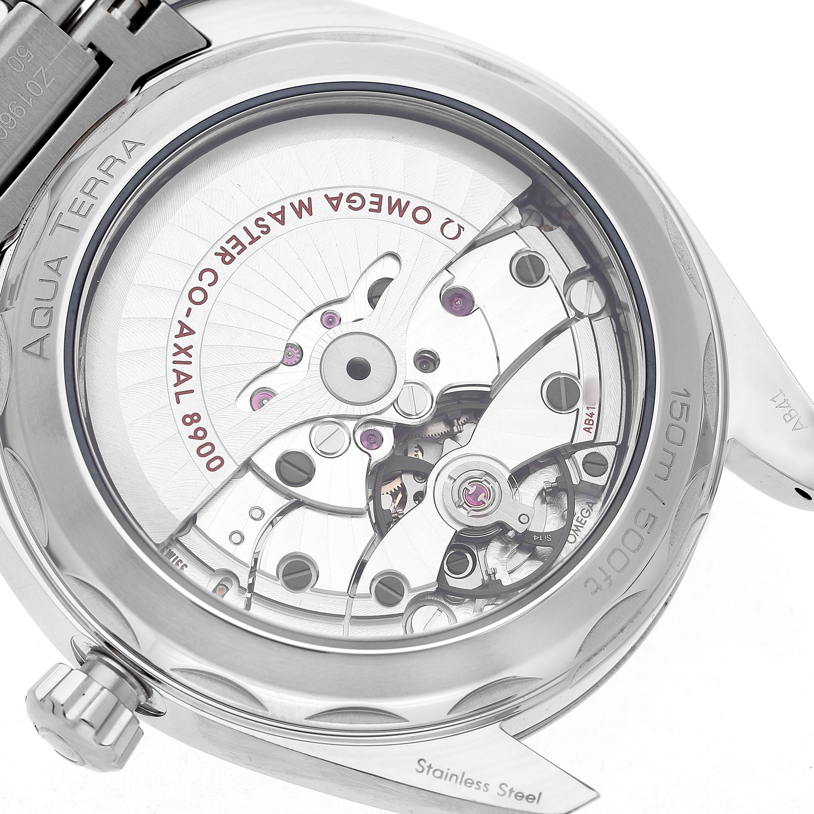 This image shows the backside of an Omega Seamaster 220.10.41.21.01.002 Men's Stainless Steel Black Dial, displaying the transparent case back and inner mechanical movement.