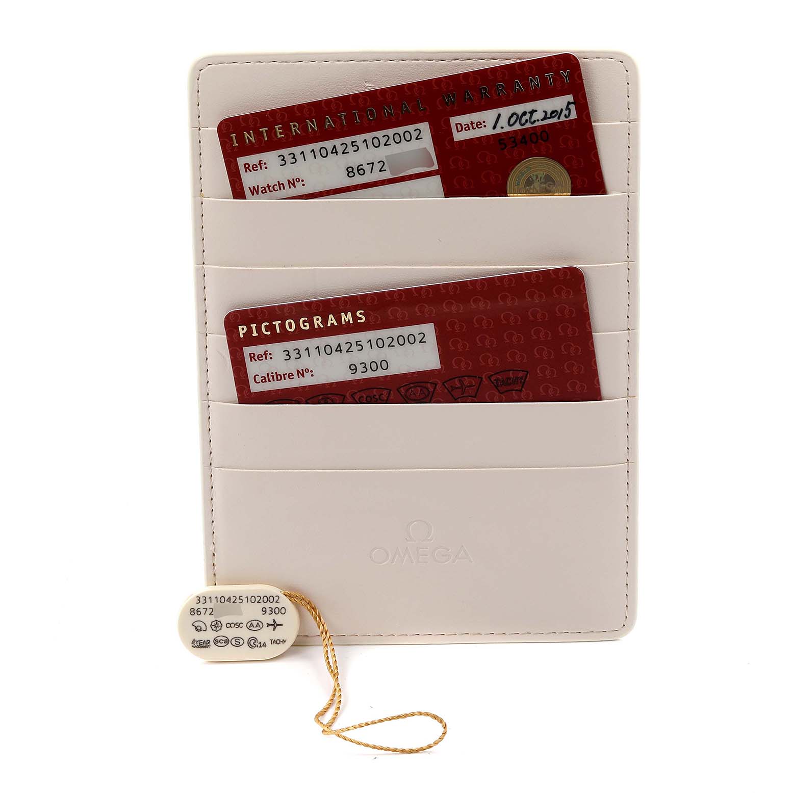 The image shows warranty and pictogram cards in a holder for an Omega Speedmaster 331.10.42.51.02.002 Men's Stainless Steel Silver Dial 331.10.42.51.02.002 Men's Stainless Steel Silver Dial model.