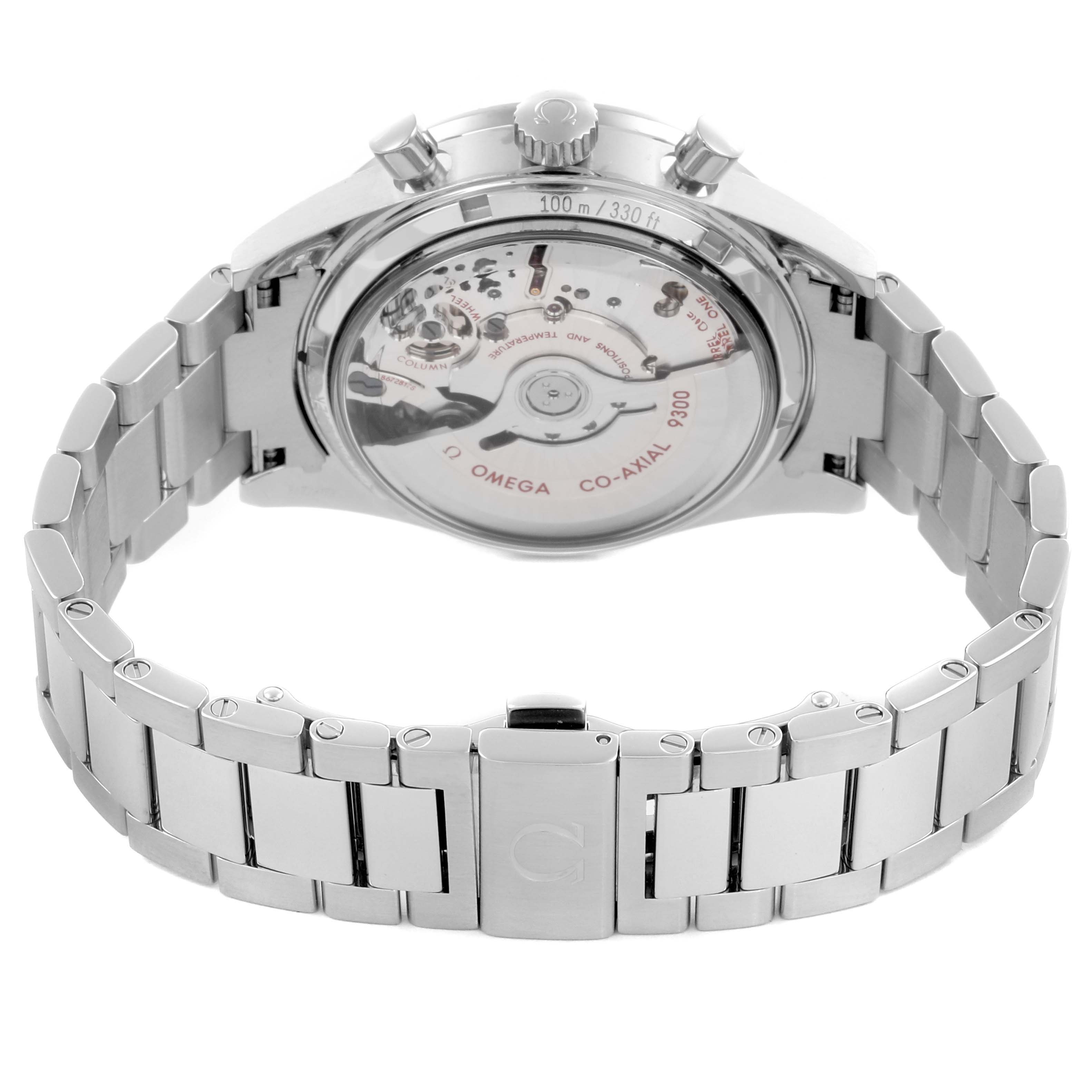 The image shows the back of the Omega Speedmaster 331.10.42.51.02.002 Men's Stainless Steel Silver Dial 331.10.42.51.02.002 Men's Stainless Steel Silver Dial, highlighting the movement and bracelet.