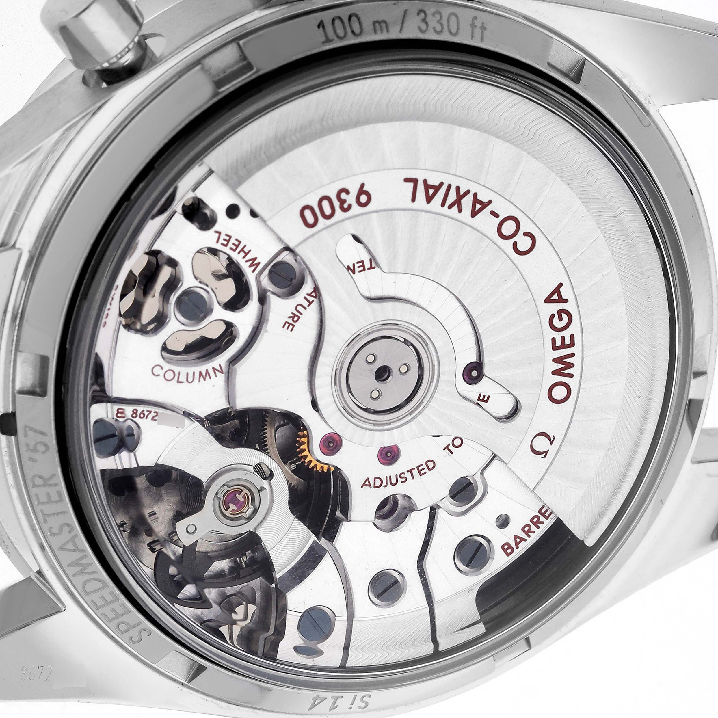 The image shows the back view of the Omega Speedmaster 331.10.42.51.02.002 Men's Stainless Steel Silver Dial 331.10.42.51.02.002 Men's Stainless Steel Silver Dial, highlighting its Co-Axial 9300 movement and inner mechanical parts.