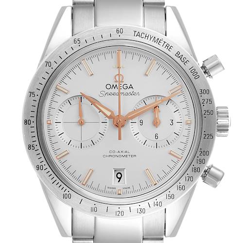 The image shows a front view of an Omega Speedmaster watch displaying the face, bezel, and pushers.