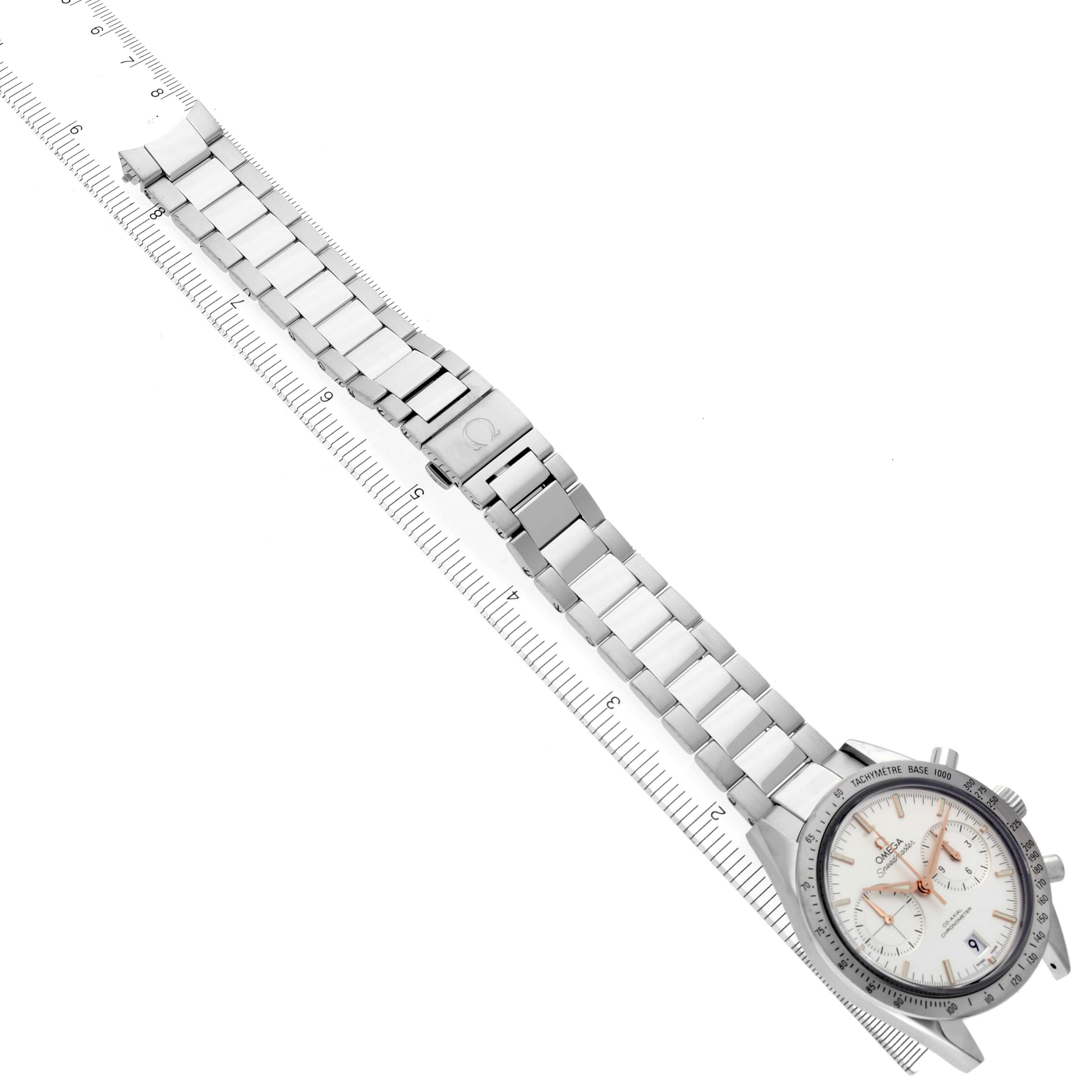 The Omega Speedmaster 331.10.42.51.02.002 Men's Stainless Steel Silver Dial 331.10.42.51.02.002 Men's Stainless Steel Silver Dial watch is shown at a diagonal angle, highlighting the face, bezel, and full metal bracelet.