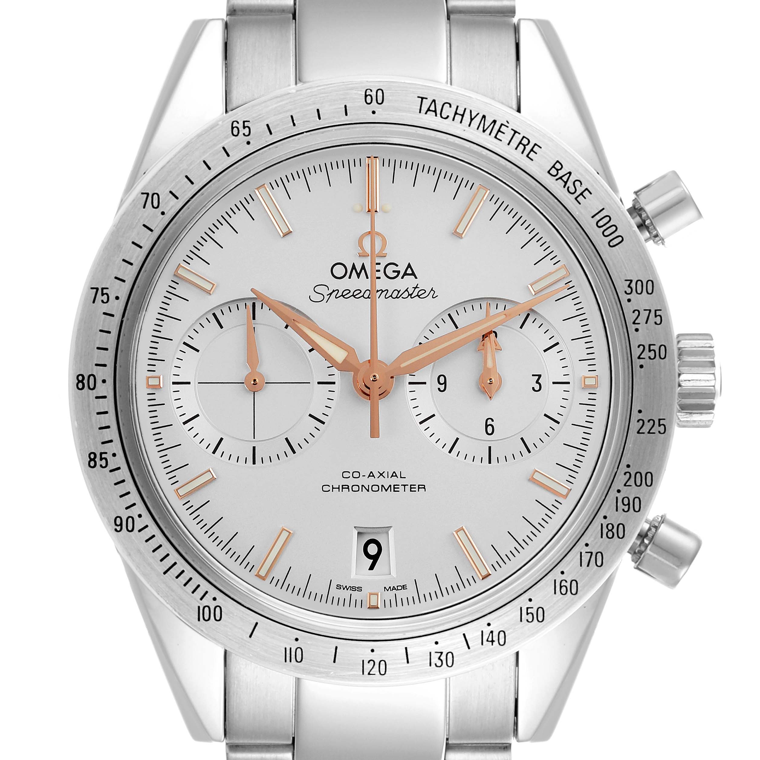 The Omega Speedmaster 331.10.42.51.02.002 Men's Stainless Steel Silver Dial 331.10.42.51.02.002 Men's Stainless Steel Silver Dial watch is shown from the front, highlighting the dial, markers, and tachymeter bezel.