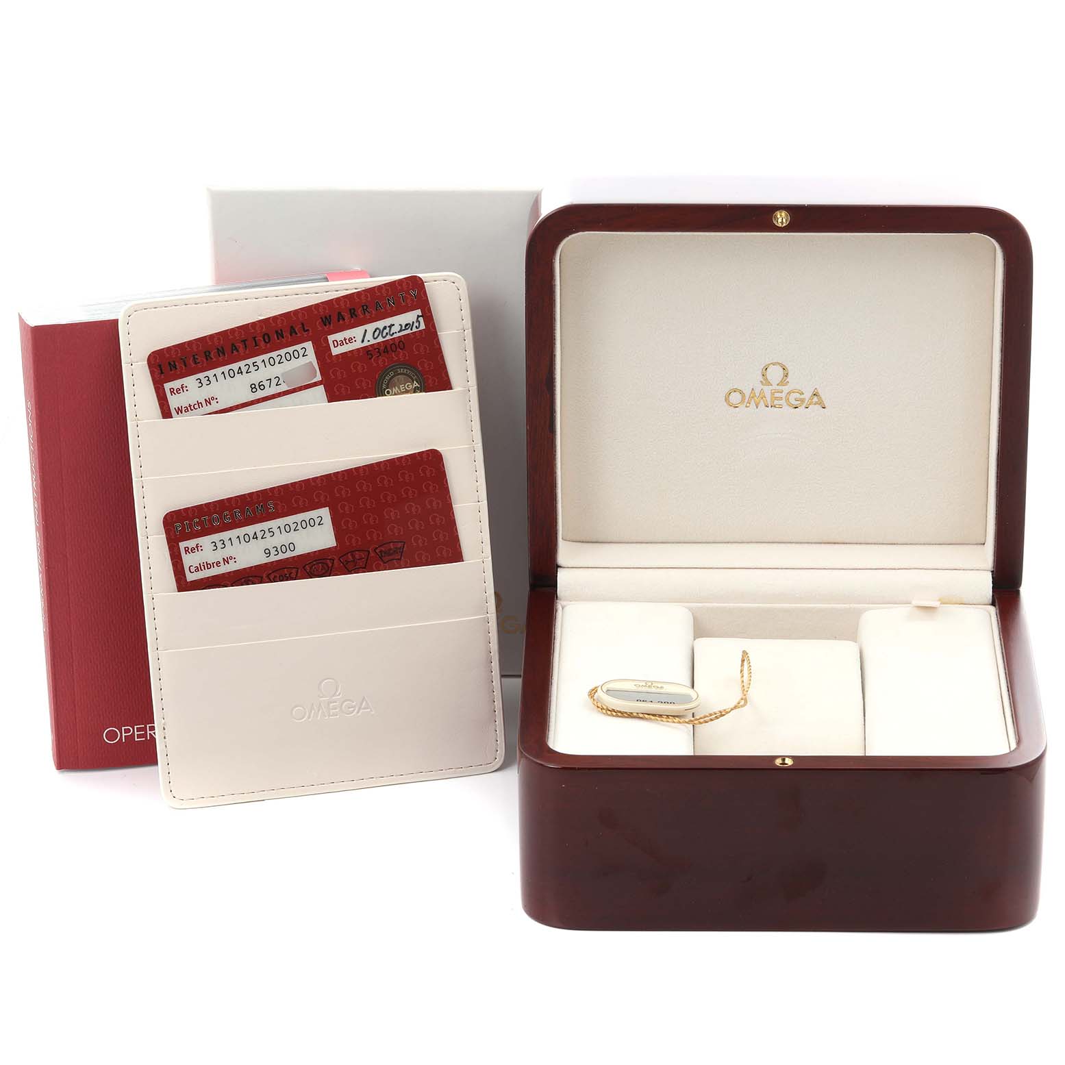 The Omega Speedmaster 331.10.42.51.02.002 Men's Stainless Steel Silver Dial 331.10.42.51.02.002 Men's Stainless Steel Silver Dial set includes a display box, cardholder with cards, and an instruction manual.