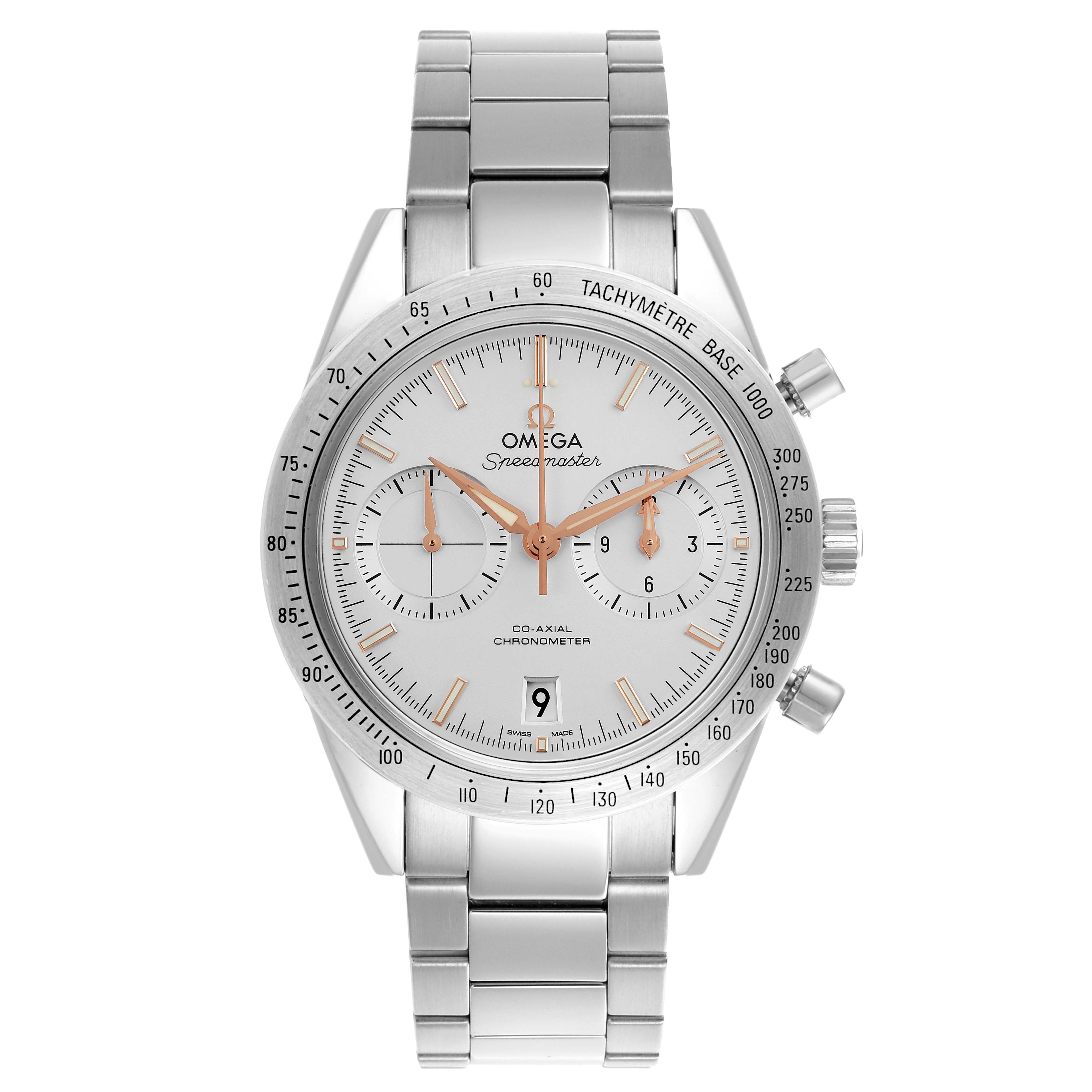 The Omega Speedmaster 331.10.42.51.02.002 Men's Stainless Steel Silver Dial 331.10.42.51.02.002 Men's Stainless Steel Silver Dial watch is shown from the front, displaying the face, bracelet, and chronograph buttons.