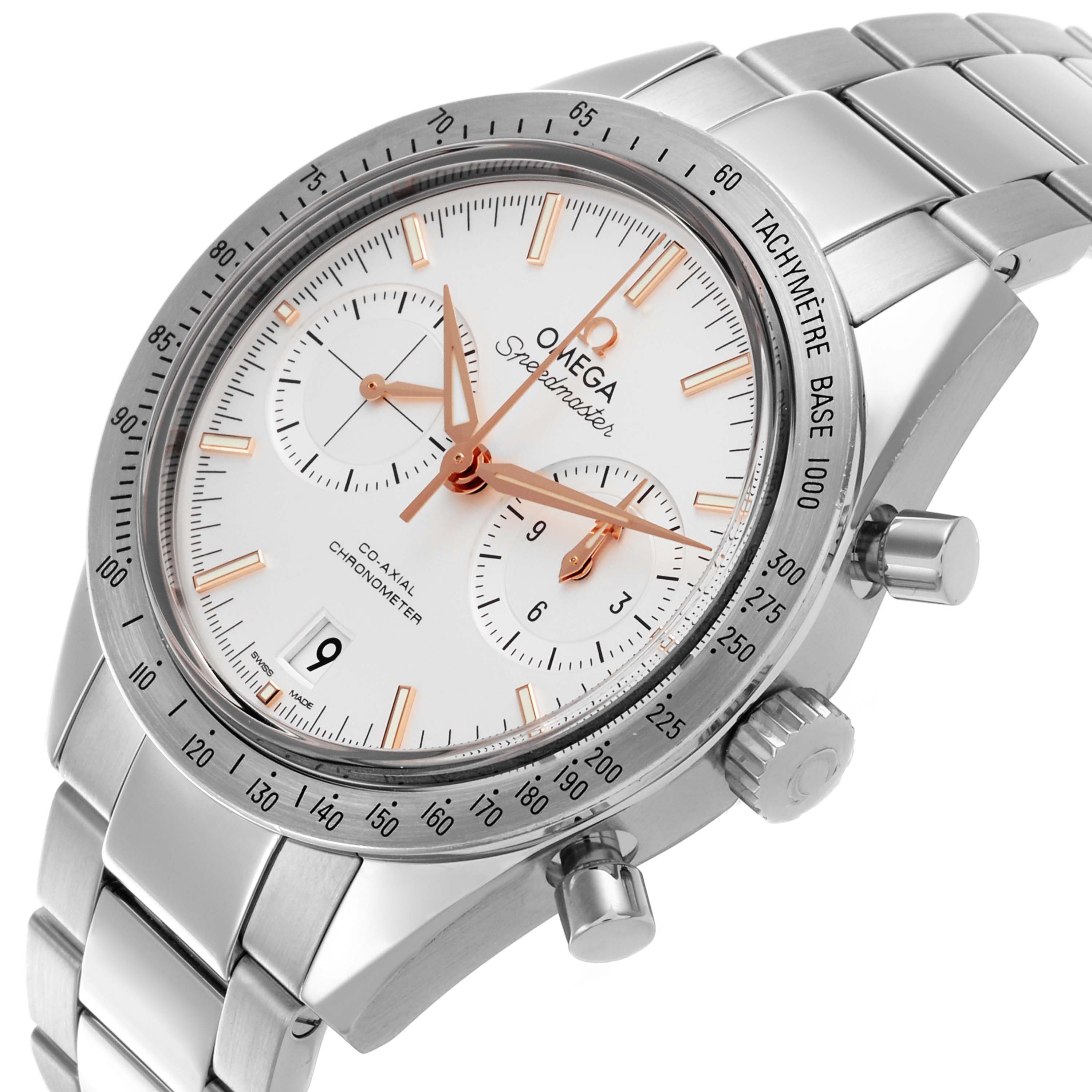 The Omega Speedmaster 331.10.42.51.02.002 Men's Stainless Steel Silver Dial 331.10.42.51.02.002 Men's Stainless Steel Silver Dial watch is shown at an angled view highlighting the face, tachymeter, and pushers.