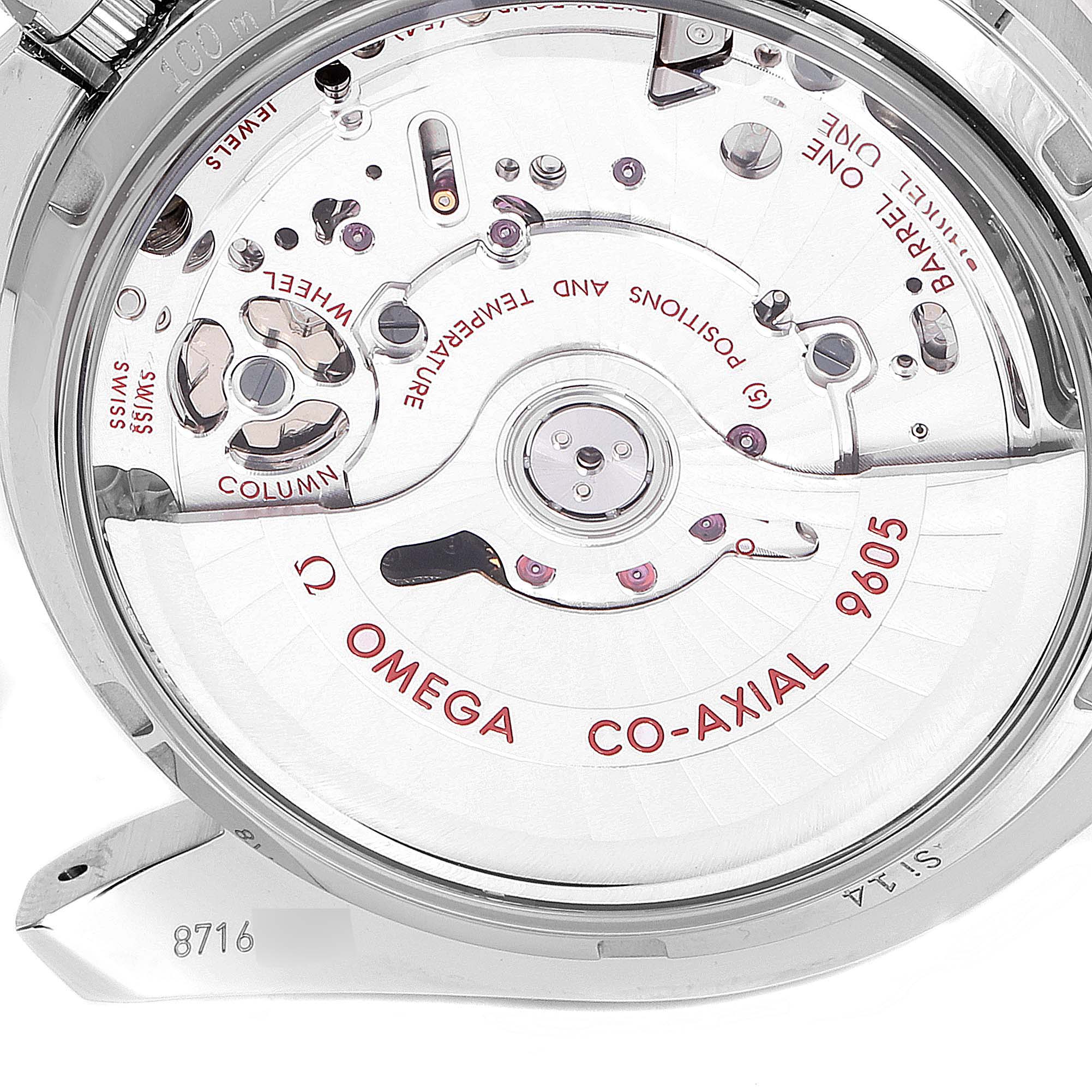 This is a close-up view of the Omega Speedmaster 311.93.44.51.03.001 Men's Stainless Steel Blue Dial 311.93.44.51.03.001 Men's Stainless Steel Blue Dial case back, revealing the Co-Axial 9605 movement.