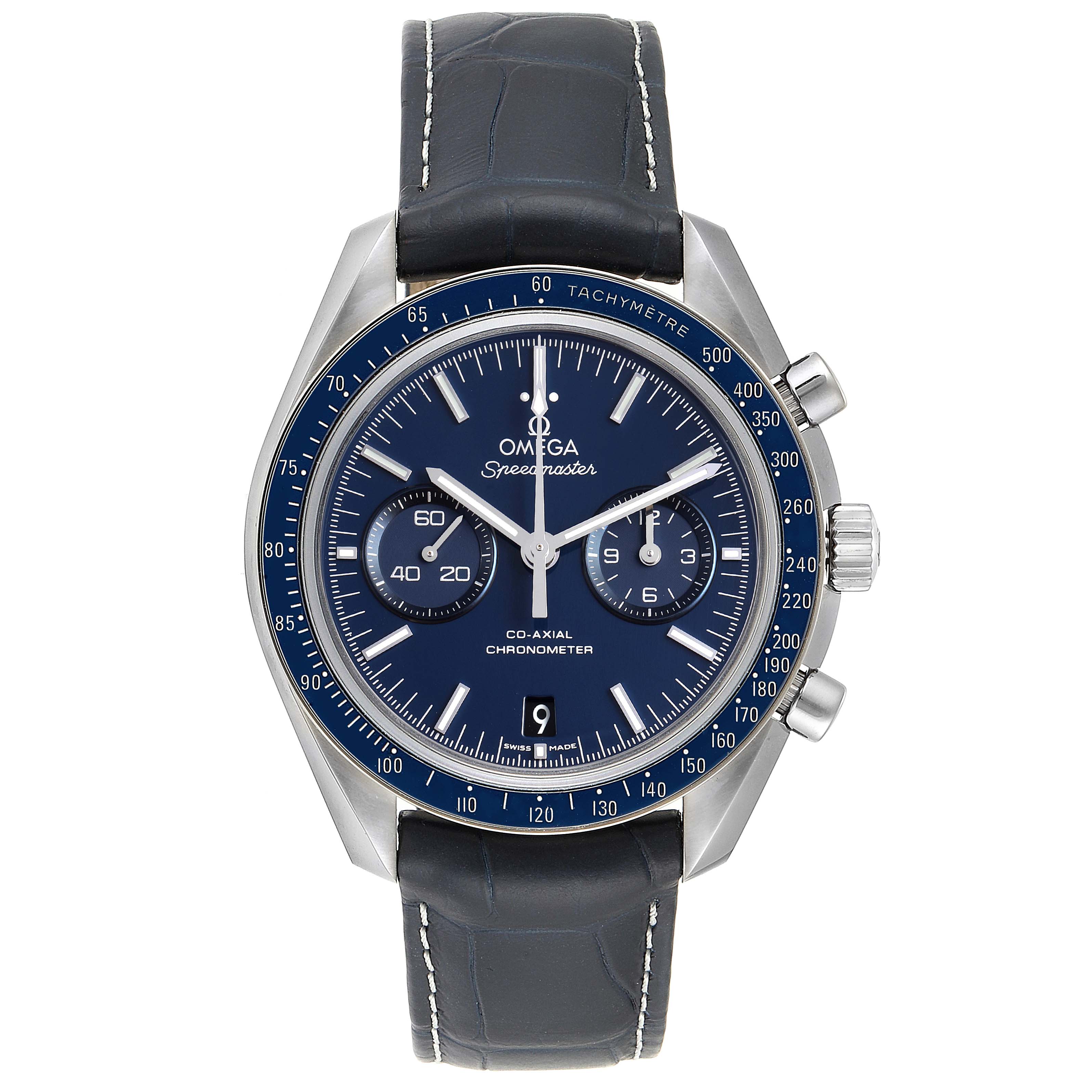 The image shows a front view of the Omega Speedmaster 311.93.44.51.03.001 Men's Stainless Steel Blue Dial 311.93.44.51.03.001 Men's Stainless Steel Blue Dial watch, displaying the dial, sub-dials, bezel, and leather strap.