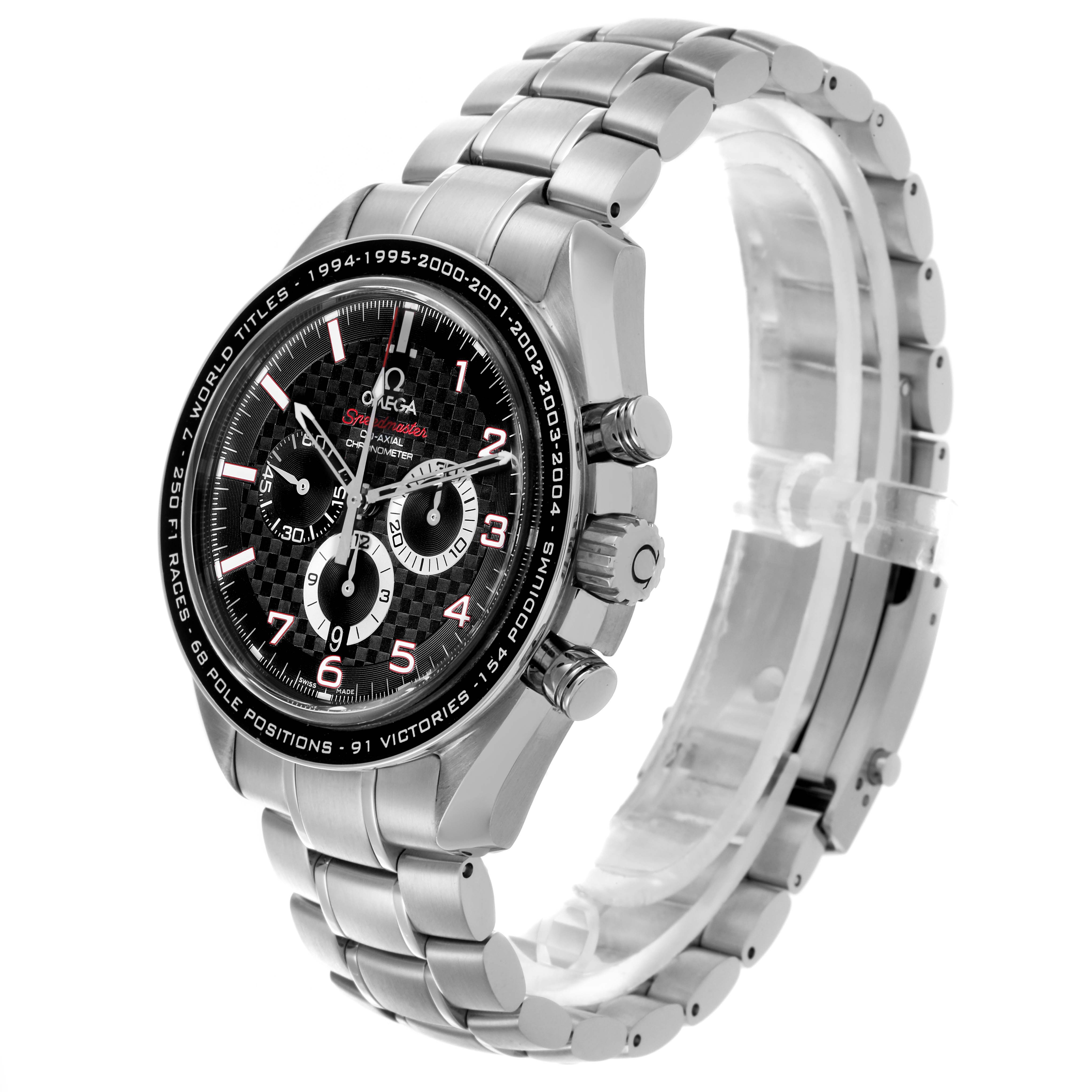 The Omega Speedmaster 321.30.44.50.01.001 Men
s Stainless Steel Black Dial 321.30.44.50.01.001 Men
s Stainless Steel Black Dial watch is shown at a side angle, displaying the face, bezel, chronograph dials, and metal bracelet.