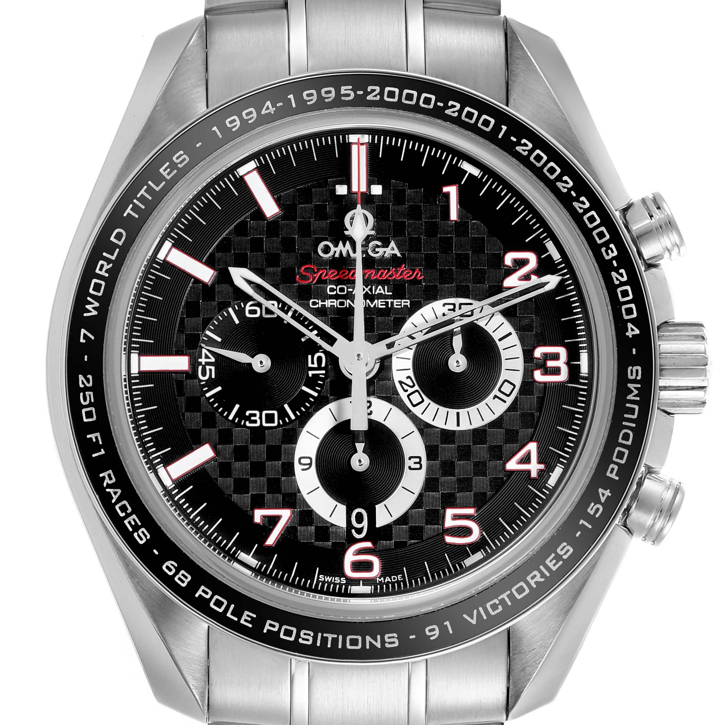 The image shows a front view of the Omega Speedmaster 321.30.44.50.01.001 Men
s Stainless Steel Black Dial 321.30.44.50.01.001 Men
s Stainless Steel Black Dial watch, highlighting its dial, bezel, and chronograph sub-dials.