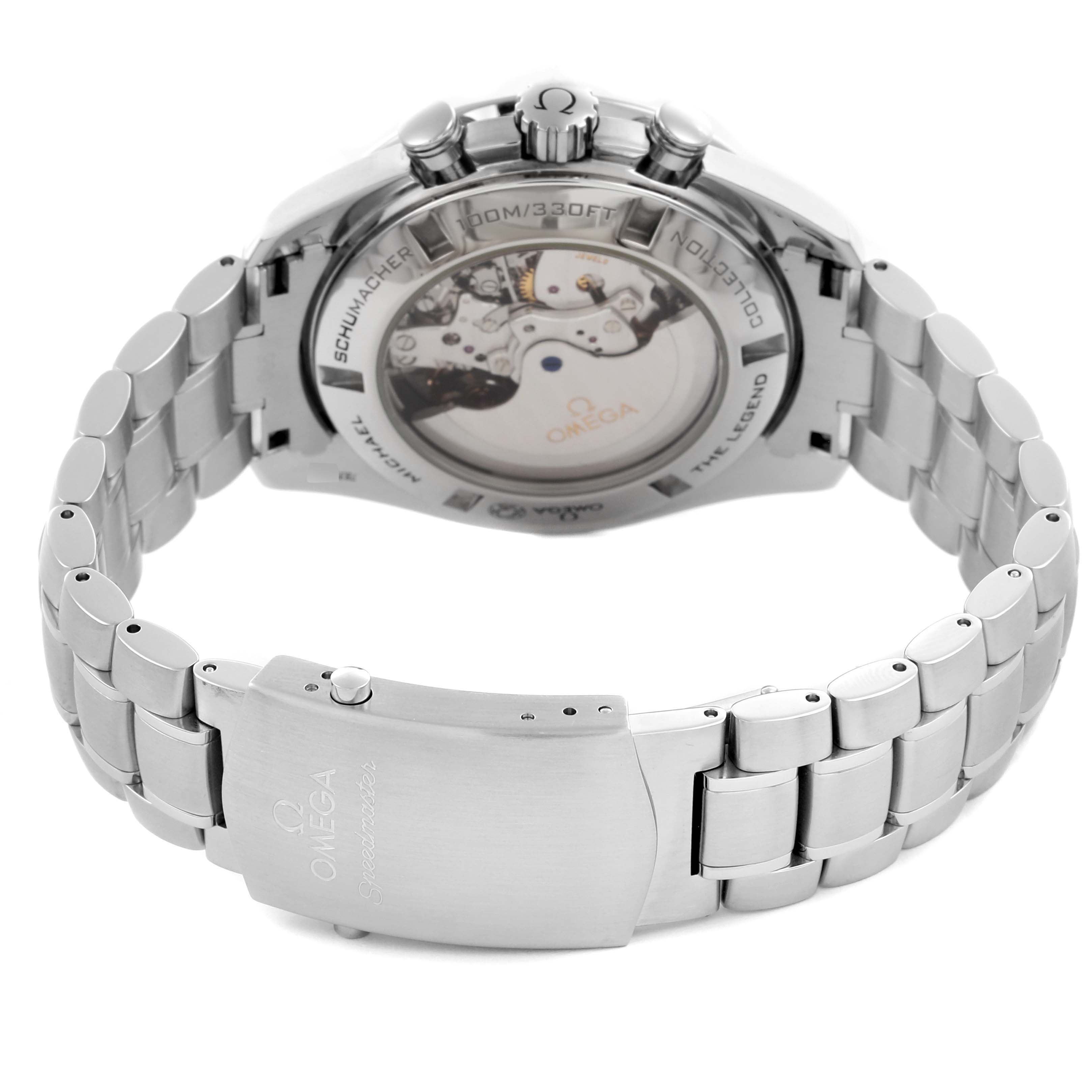 The image shows the Omega Speedmaster 321.30.44.50.01.001 Men
s Stainless Steel Black Dial 321.30.44.50.01.001 Men
s Stainless Steel Black Dial
s back view with the bracelet and exposed movement.