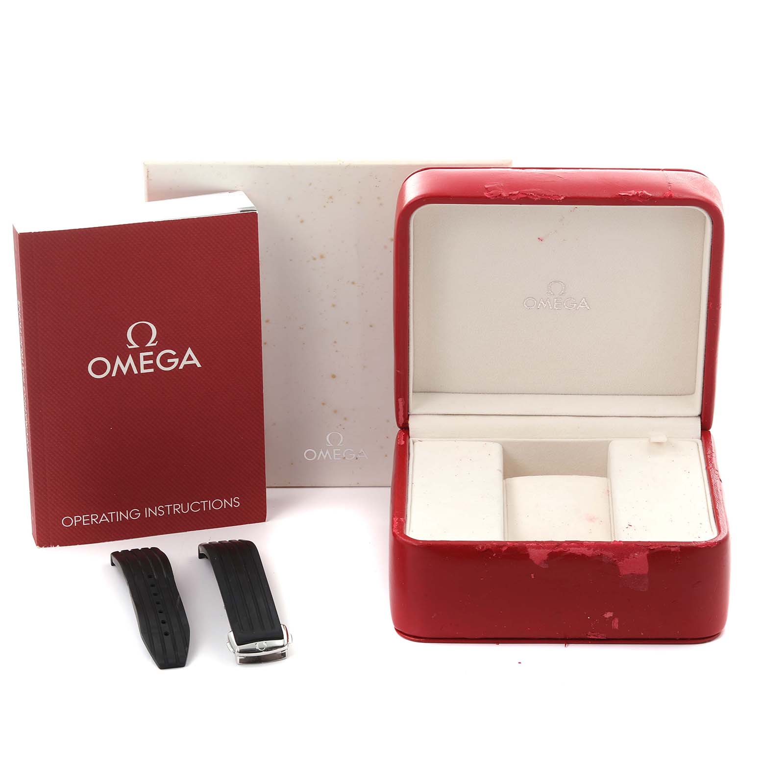 The image shows an Omega Speedmaster 321.30.44.50.01.001 Men
s Stainless Steel Black Dial 321.30.44.50.01.001 Men
s Stainless Steel Black Dial box, manual, and extra straps from a frontal angle.