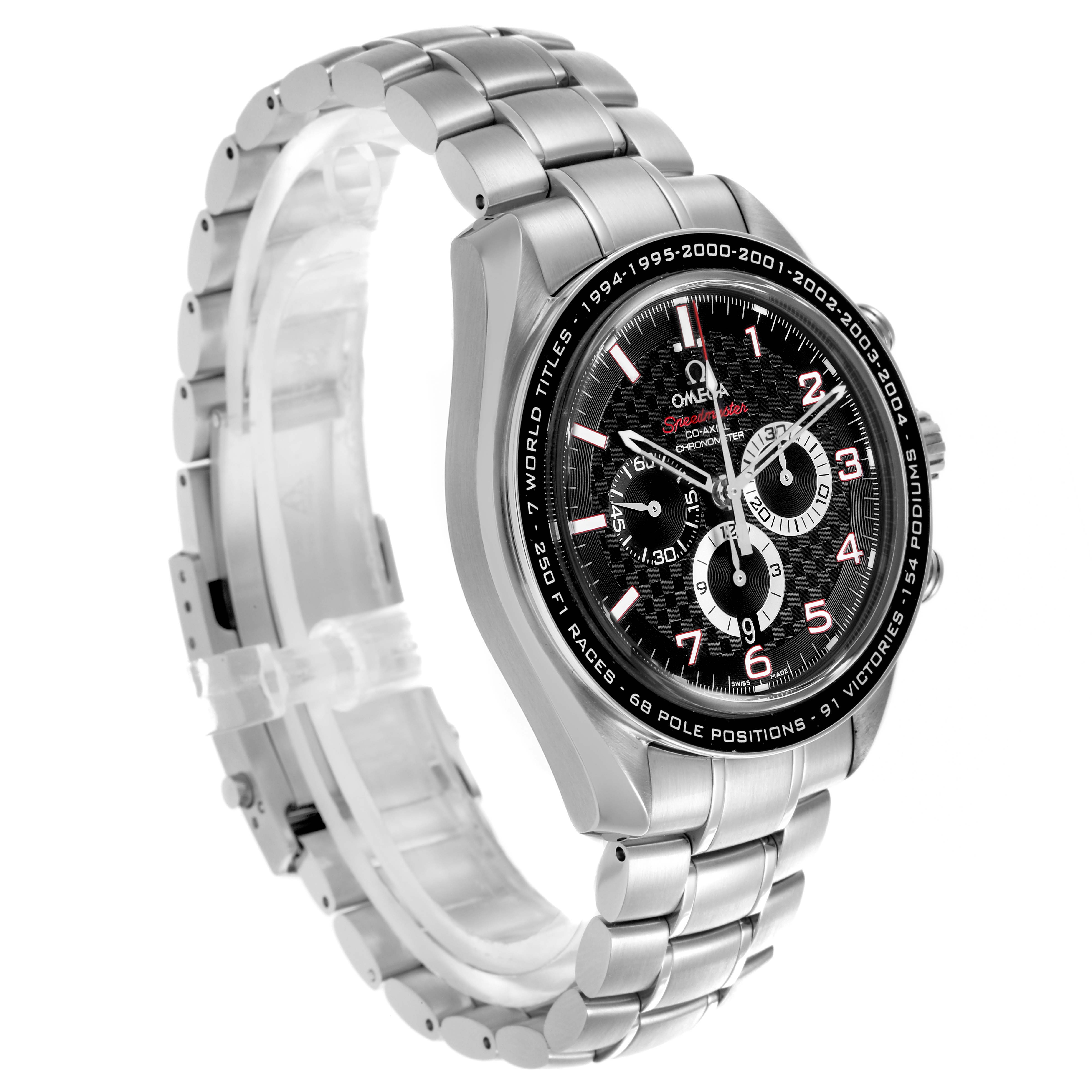 The Omega Speedmaster 321.30.44.50.01.001 Men
s Stainless Steel Black Dial 321.30.44.50.01.001 Men
s Stainless Steel Black Dial watch is shown at an angled side view, displaying the face, bezel, pushers, and metal bracelet.