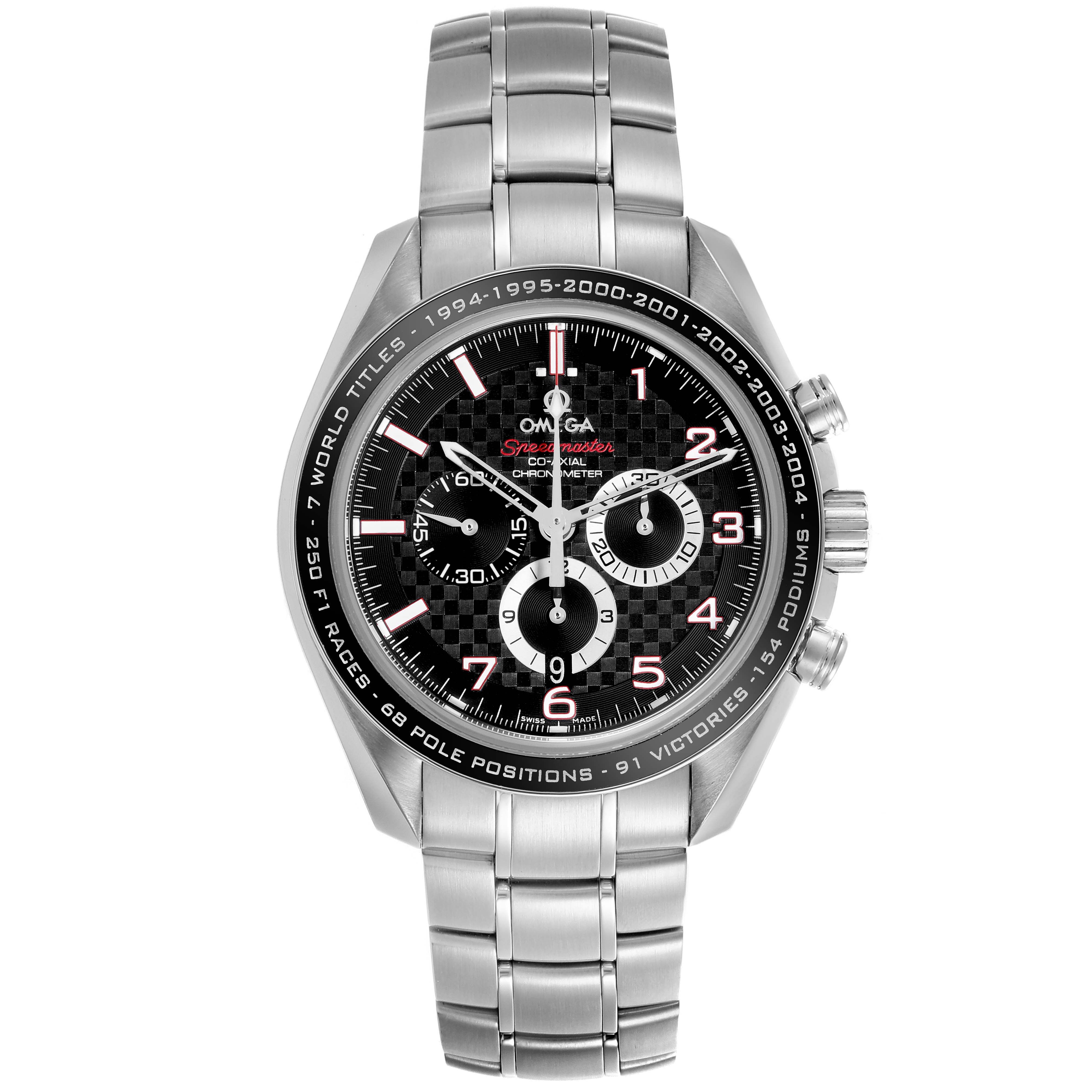 The Omega Speedmaster 321.30.44.50.01.001 Men
s Stainless Steel Black Dial 321.30.44.50.01.001 Men
s Stainless Steel Black Dial watch is shown from a top view, displaying its face, bezel, and bracelet.