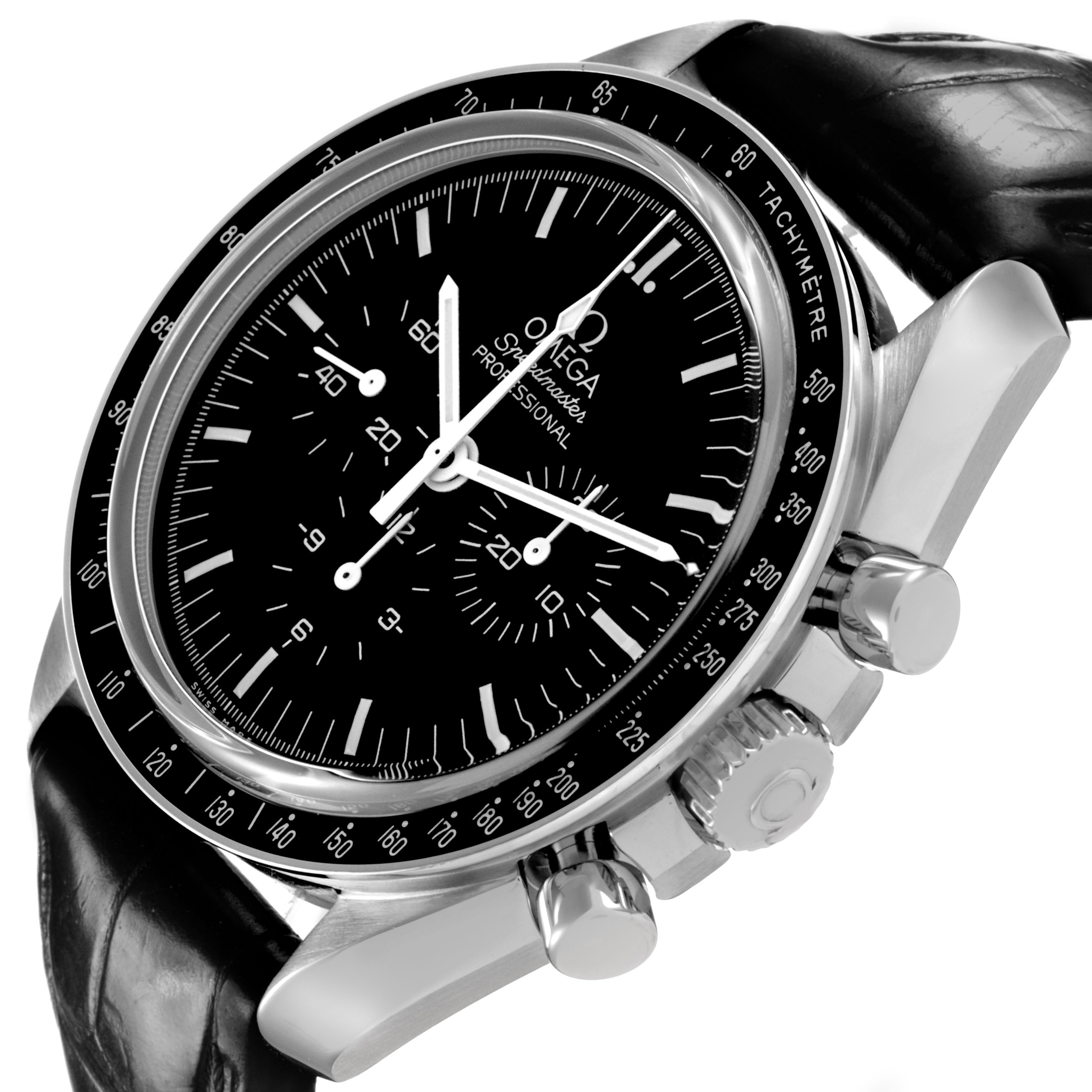 The Omega Speedmaster 310.30.42.50.01.002 Men's Stainless Steel Black Dial watch is shown from a side angle, highlighting the dial, bezel, pushers, and crown.