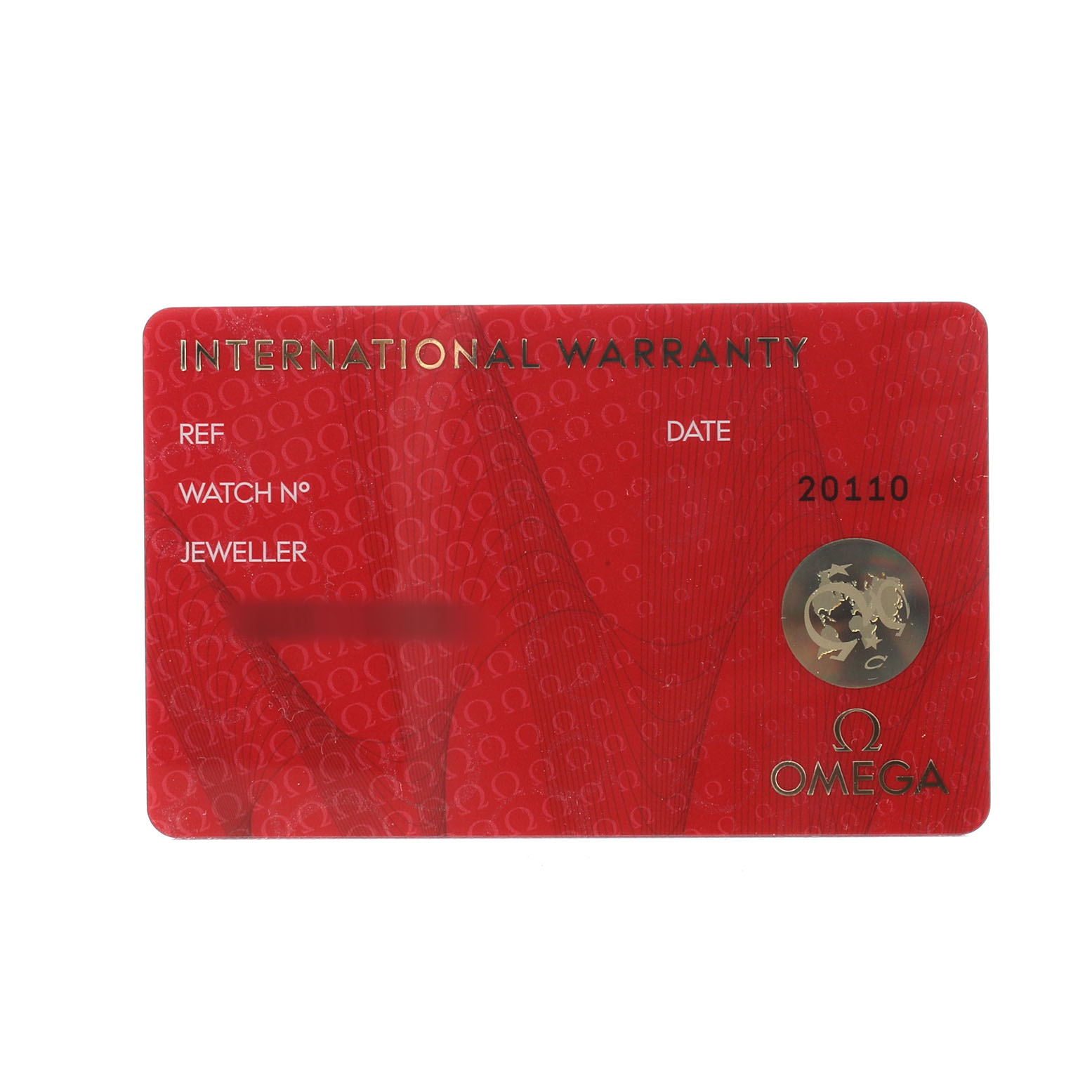 The image shows an Omega Speedmaster 310.30.42.50.01.002 Men's Stainless Steel Black Dial International Warranty card from a top-down angle.