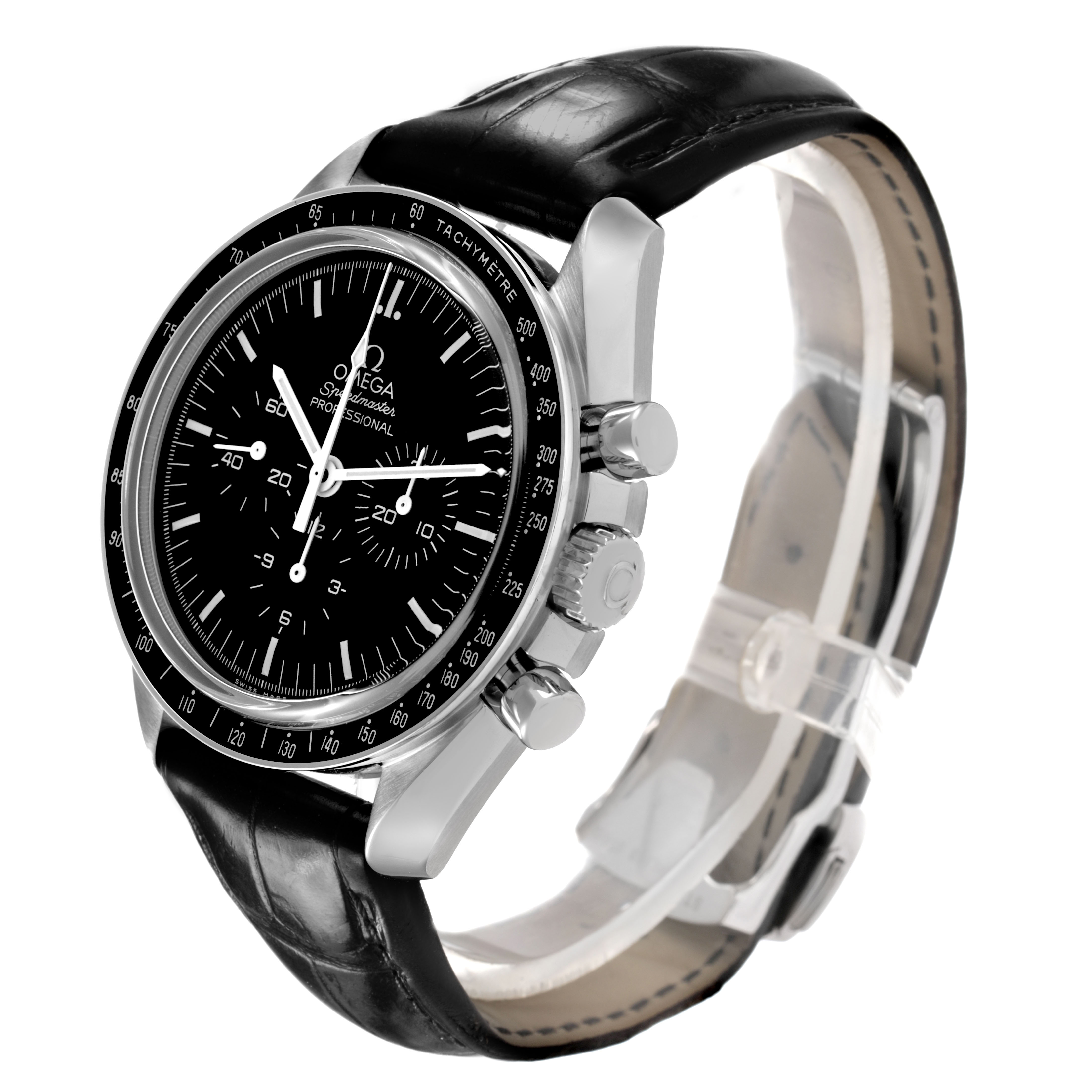 The Omega Speedmaster 310.30.42.50.01.002 Men's Stainless Steel Black Dial watch is shown at an oblique angle revealing its face, bezel, crown, and black leather strap.