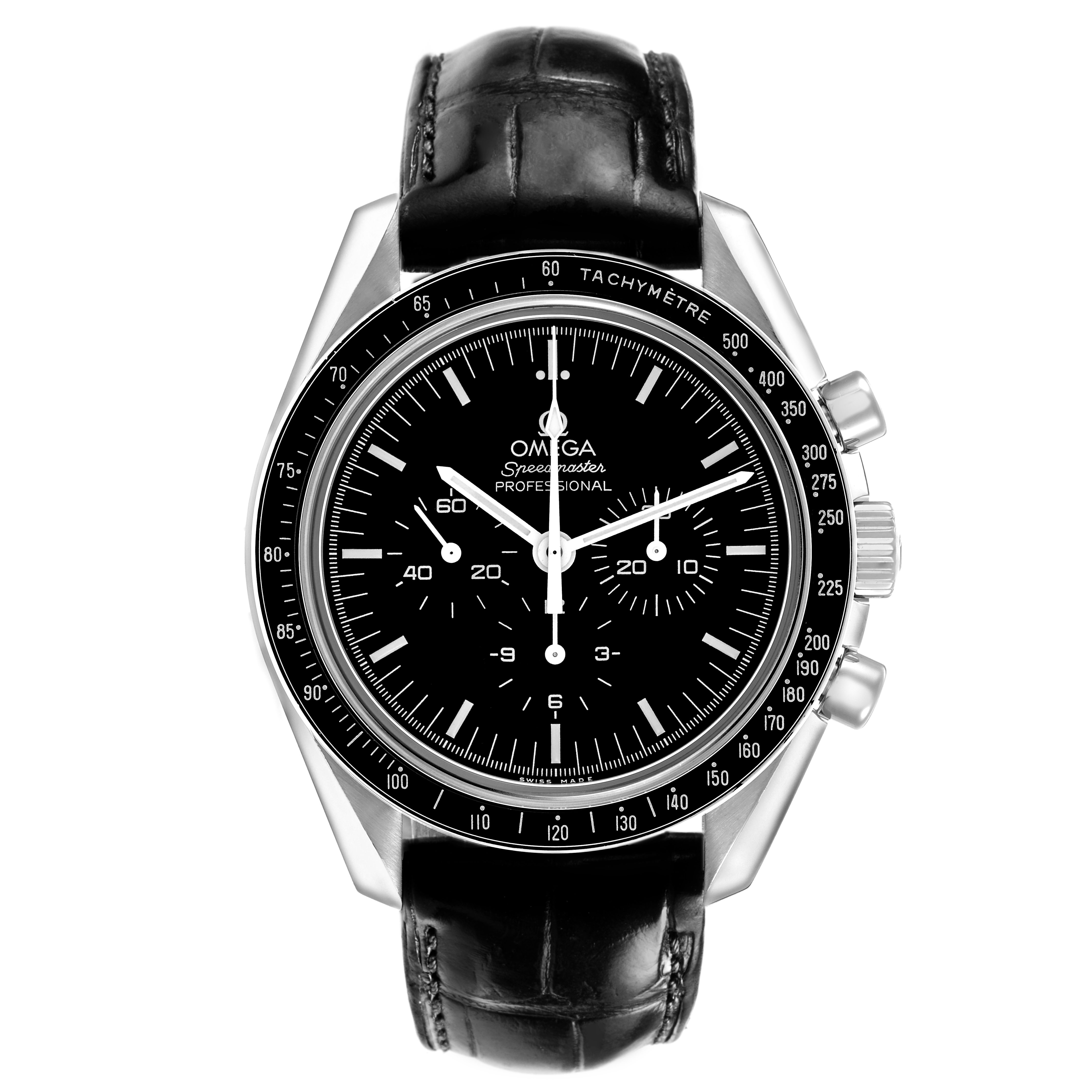 The Omega Speedmaster 310.30.42.50.01.002 Men's Stainless Steel Black Dial watch is shown from the front, highlighting the dial and bezel with a leather strap.