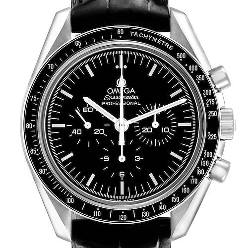 The Omega Speedmaster 310.30.42.50.01.002 Men's Stainless Steel Black Dial watch is shown from the front, highlighting the dial, tachymeter bezel, and chronograph subdials.